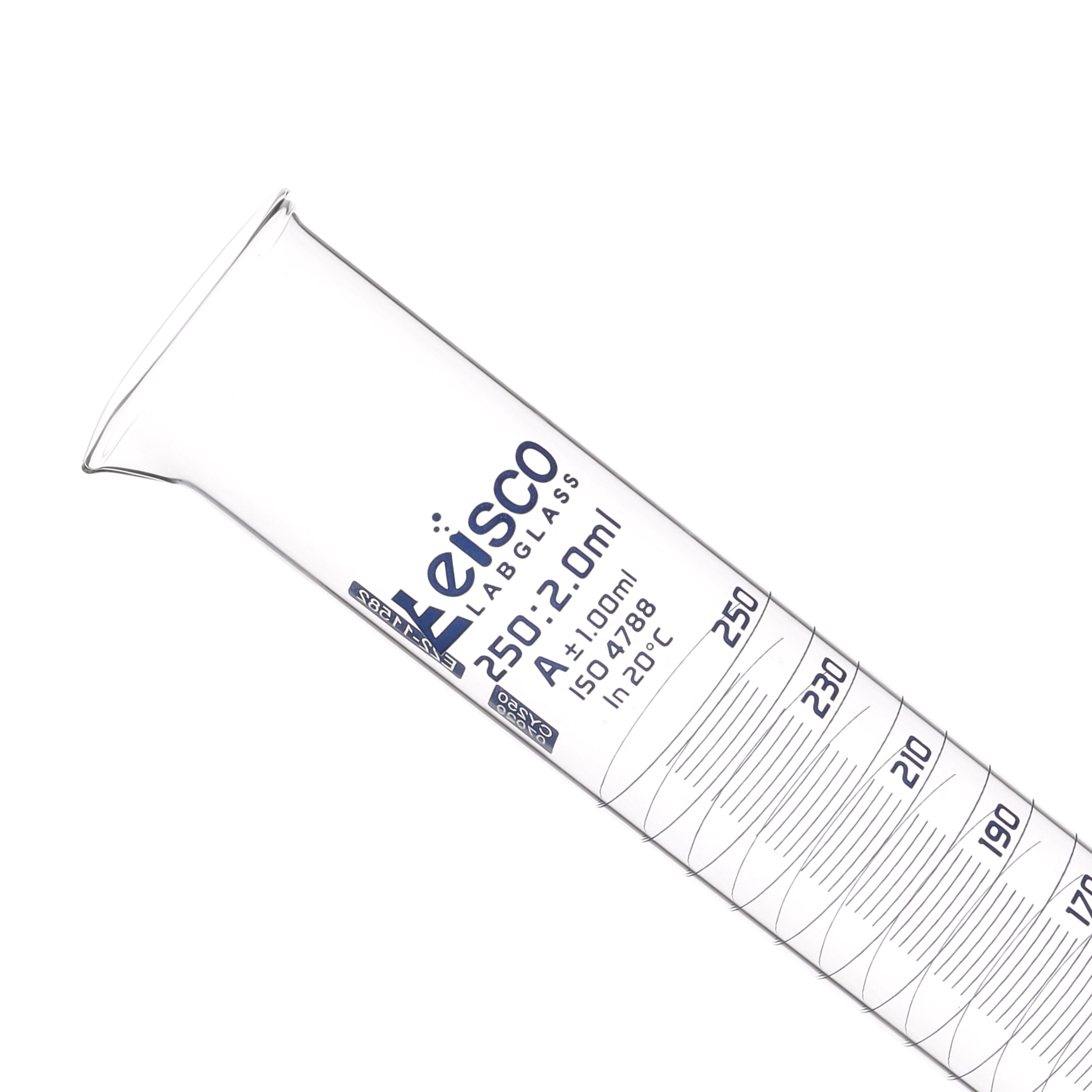 Borosilicate Glass Graduated Cylinder, 250 ml, 2.0 ml Graduation, Class A, Autoclavable