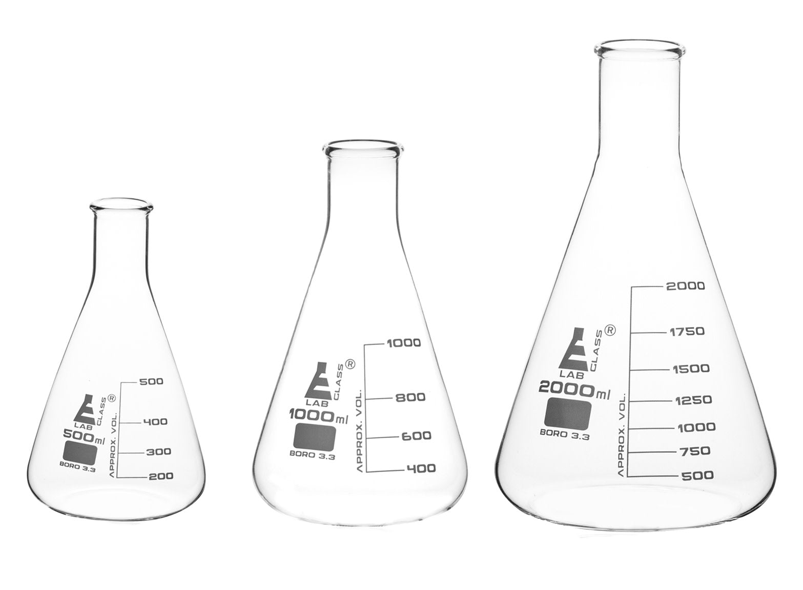Borosilicate Glass Erlenmeyer Flask Set, (500 ml, 1000 ml, 2000 ml), Graduated, Autoclavable