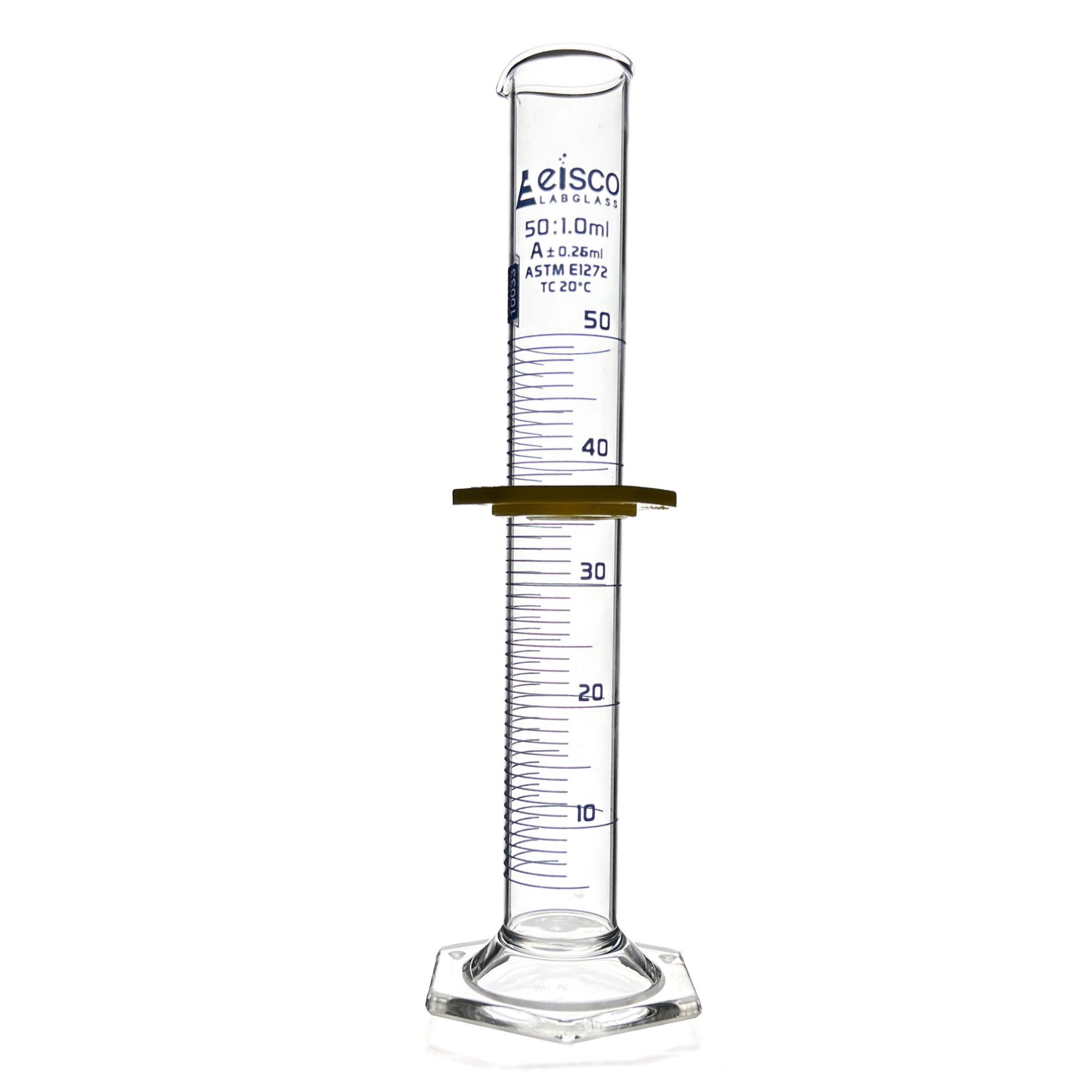 Borosilicate Glass ASTM Graduated Cylinder with Hexagonal Base and Guard, 50 ml, Class A with USP & Individual Work Certificate, Autoclavable