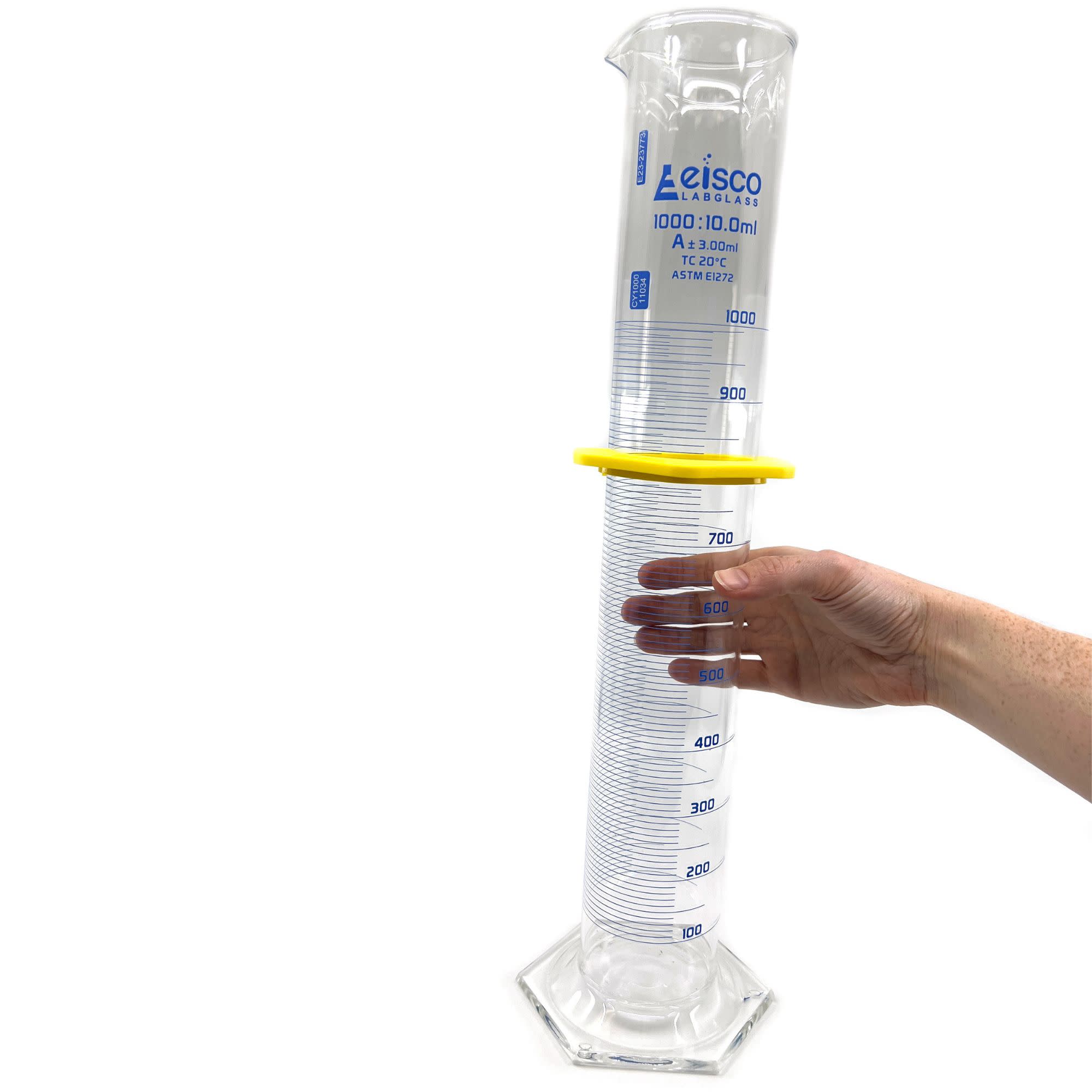 Borosilicate Glass ASTM Graduated Cylinder with Hexagonal Base and Guard, 1000 ml, Class A with USP & Individual Work Certificate, Autoclavable