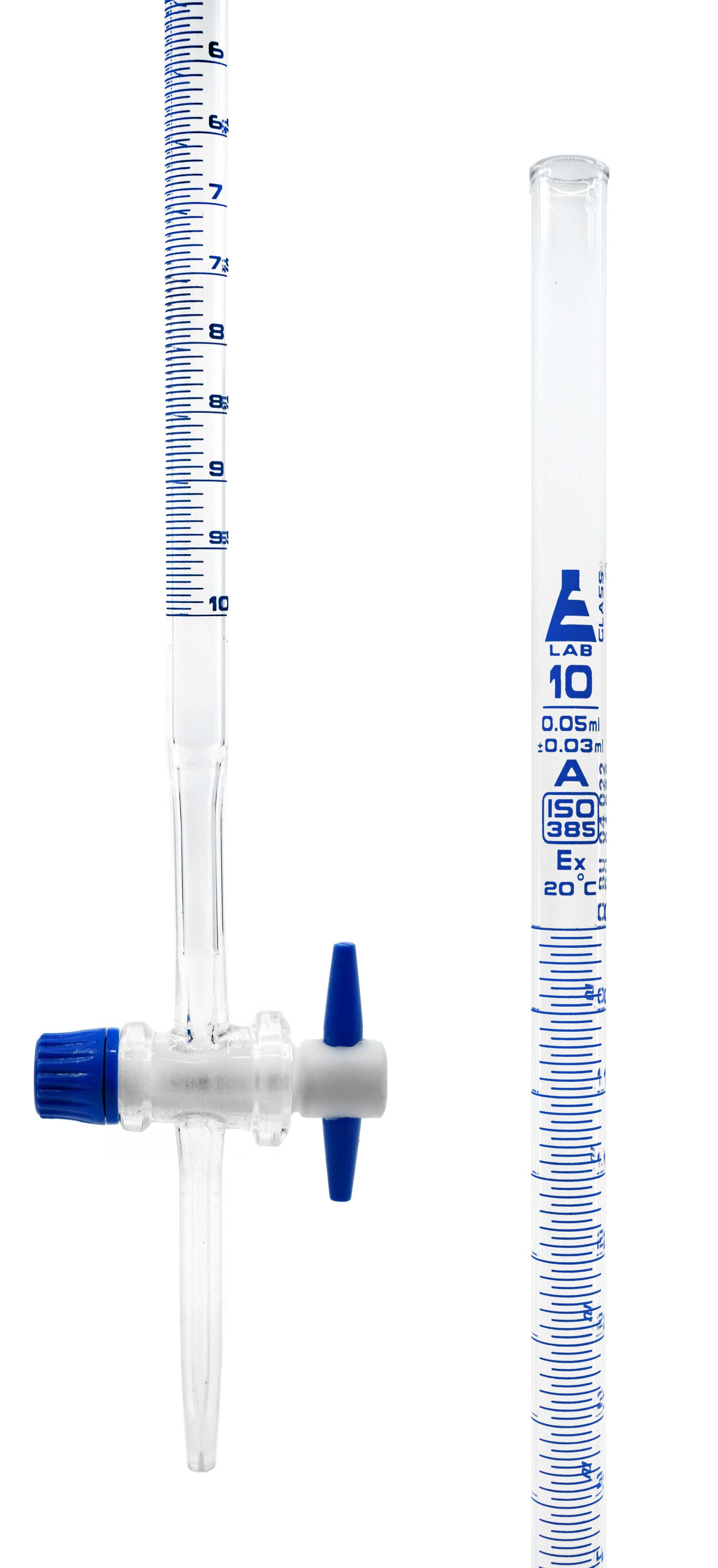 Borosilicate Glass ASTM Graduated Burette with PTFE Stopcock, 10 ml, 0.05 ml Graduation, Class A