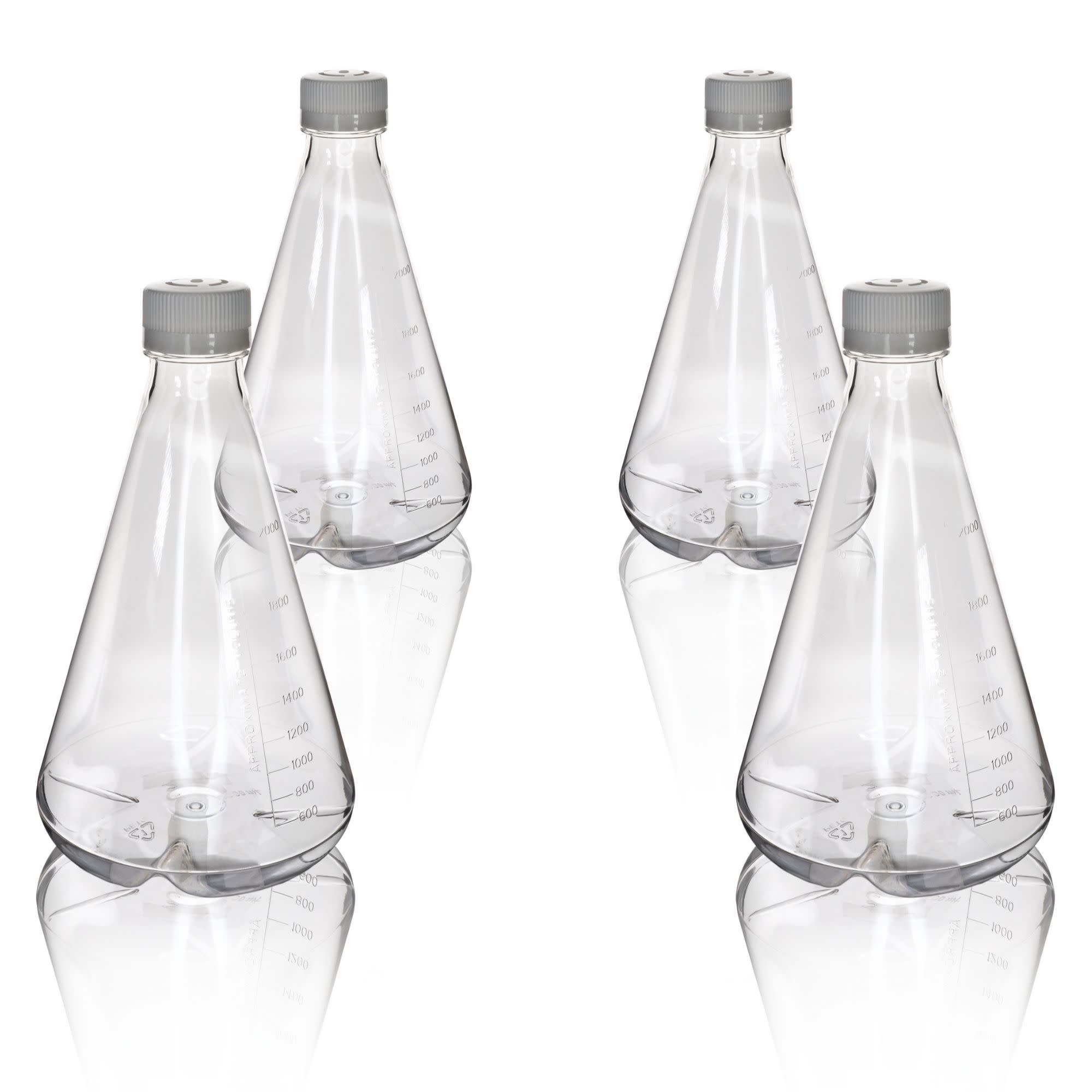 Pack of 4, 2L Sterile PETG Erlenmeyer Flasks, Vented, Baffled Bottom, Gamma Sterilized, USP Class VI, Lab-Grade, Shaker Compatible