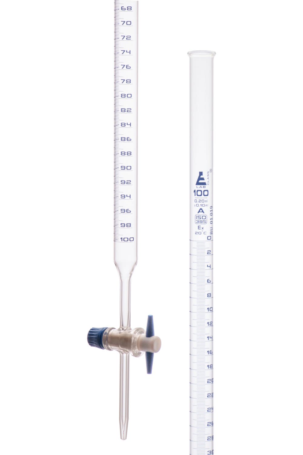 Borosilicate Glass ASTM Graduated Burette with PTFE Stopcock, 100 ml, 0.2 ml Graduation, Class A