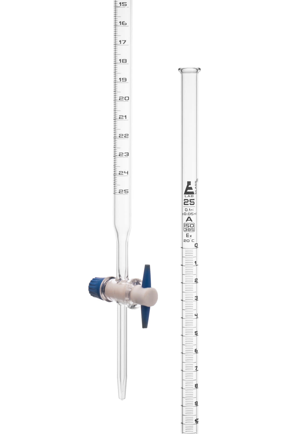 Borosilicate Glass ASTM Graduated Burette with PTFE Stopcock, 25 ml, 0.10 ml Graduation, Class A