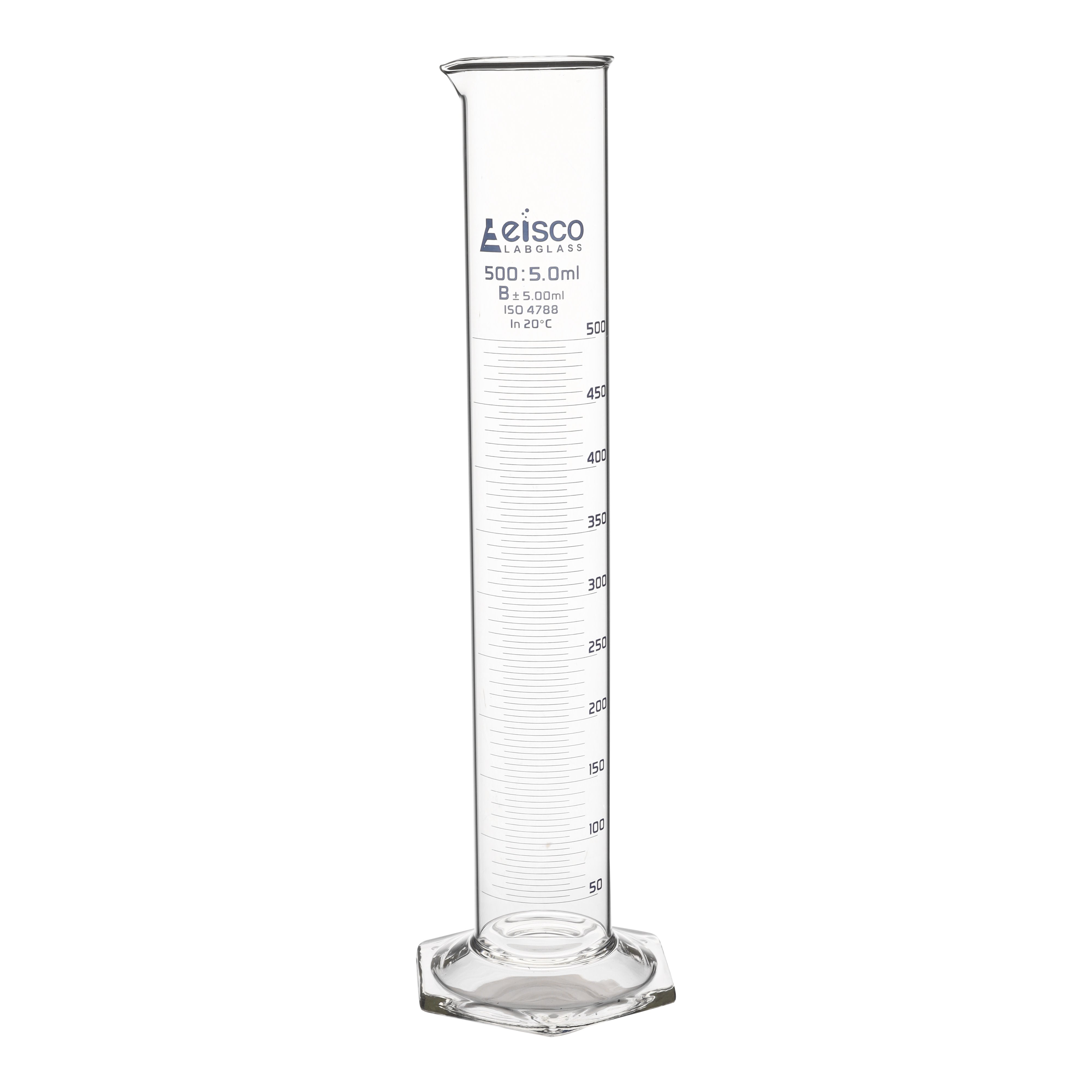 Borosilicate Glass Graduated Cylinder, 500 ml, 5.0 ml Graduation, Class B, Autoclavable