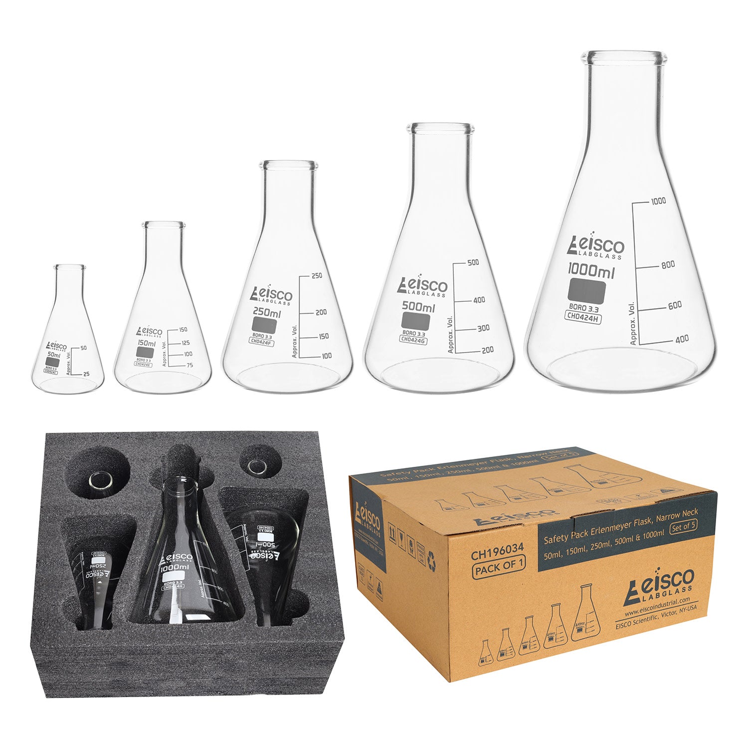 Borosilicate Glass Safety Pack Erlenmeyer Flask Set (50ml, 150ml, 250ml, 500ml, 1000ml), Graduated, Autoclavable