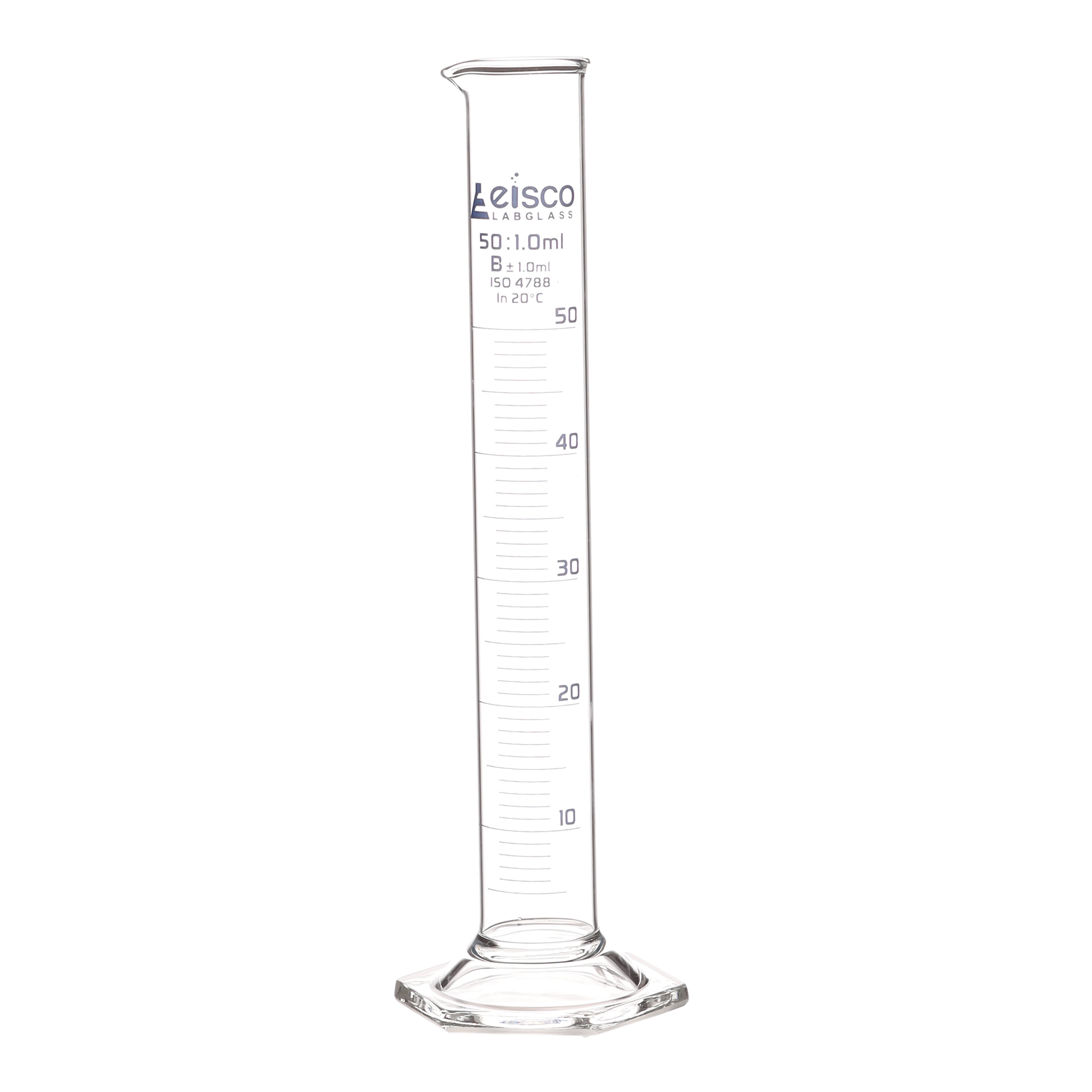Borosilicate Glass Graduated Cylinder, 50 ml, 1.0 ml Graduation, Class B, Autoclavable