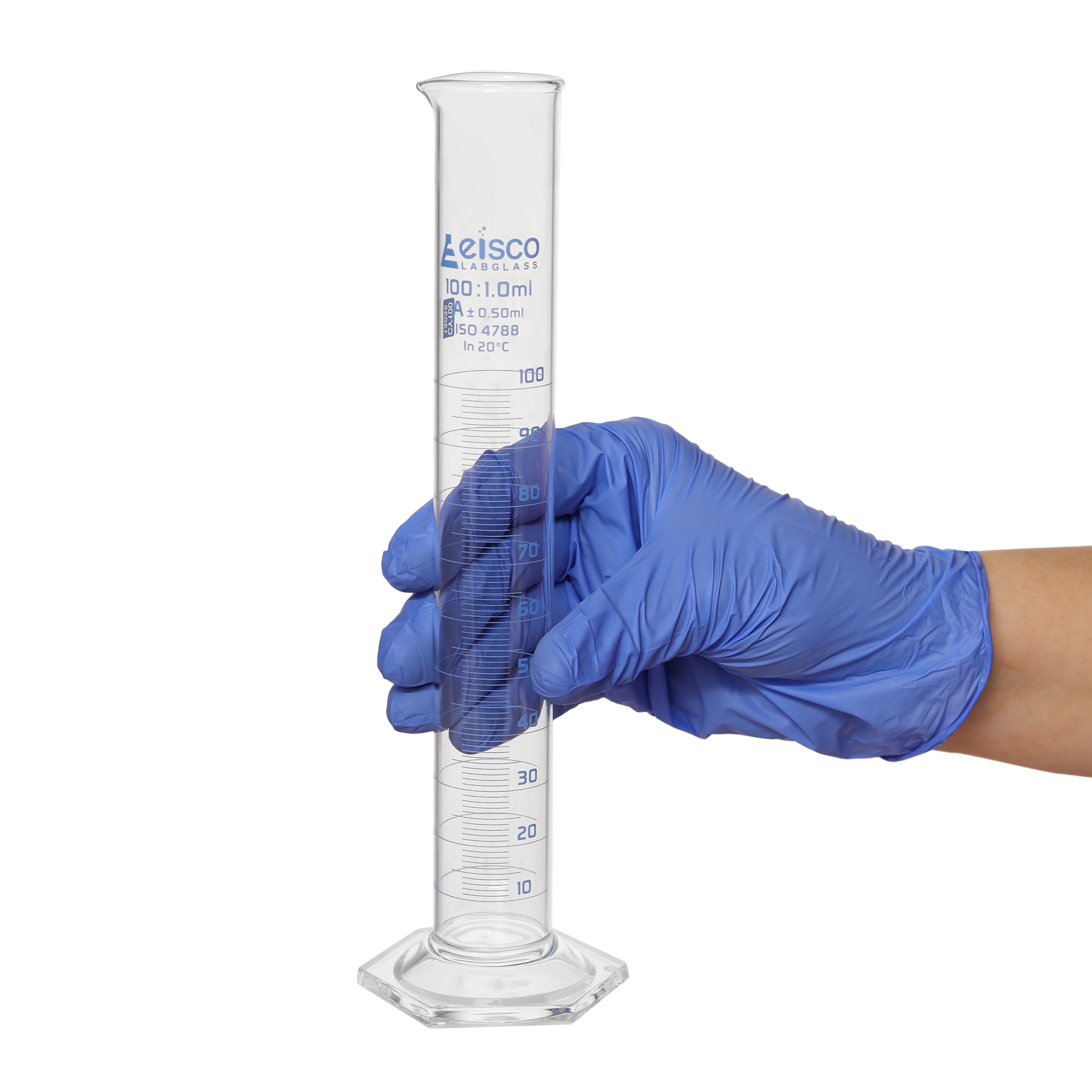 Borosilicate Glass Graduated Cylinder, 100 ml, 1.0 ml Graduation, Class A, Autoclavable