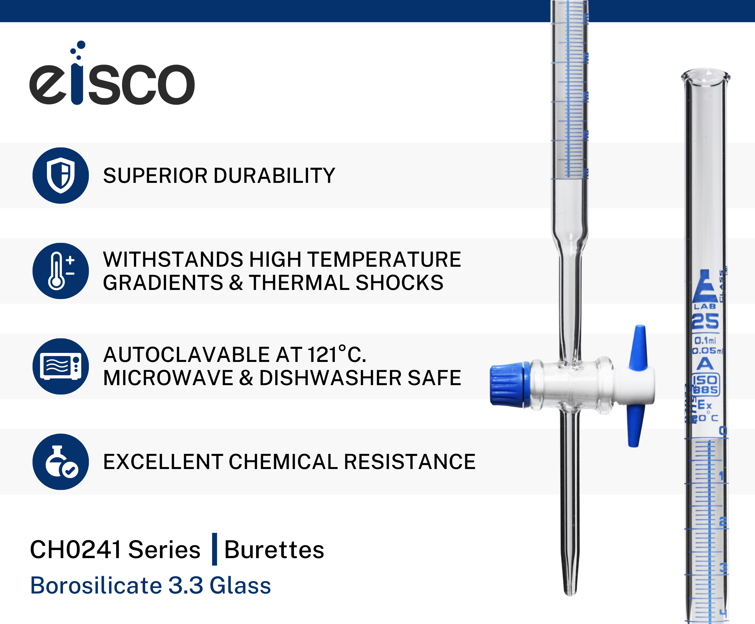 Schellbach Glass ASTM Graduated Burette with PTFE Stopcock, 25 ml, 0.10 ml Graduation, Class A