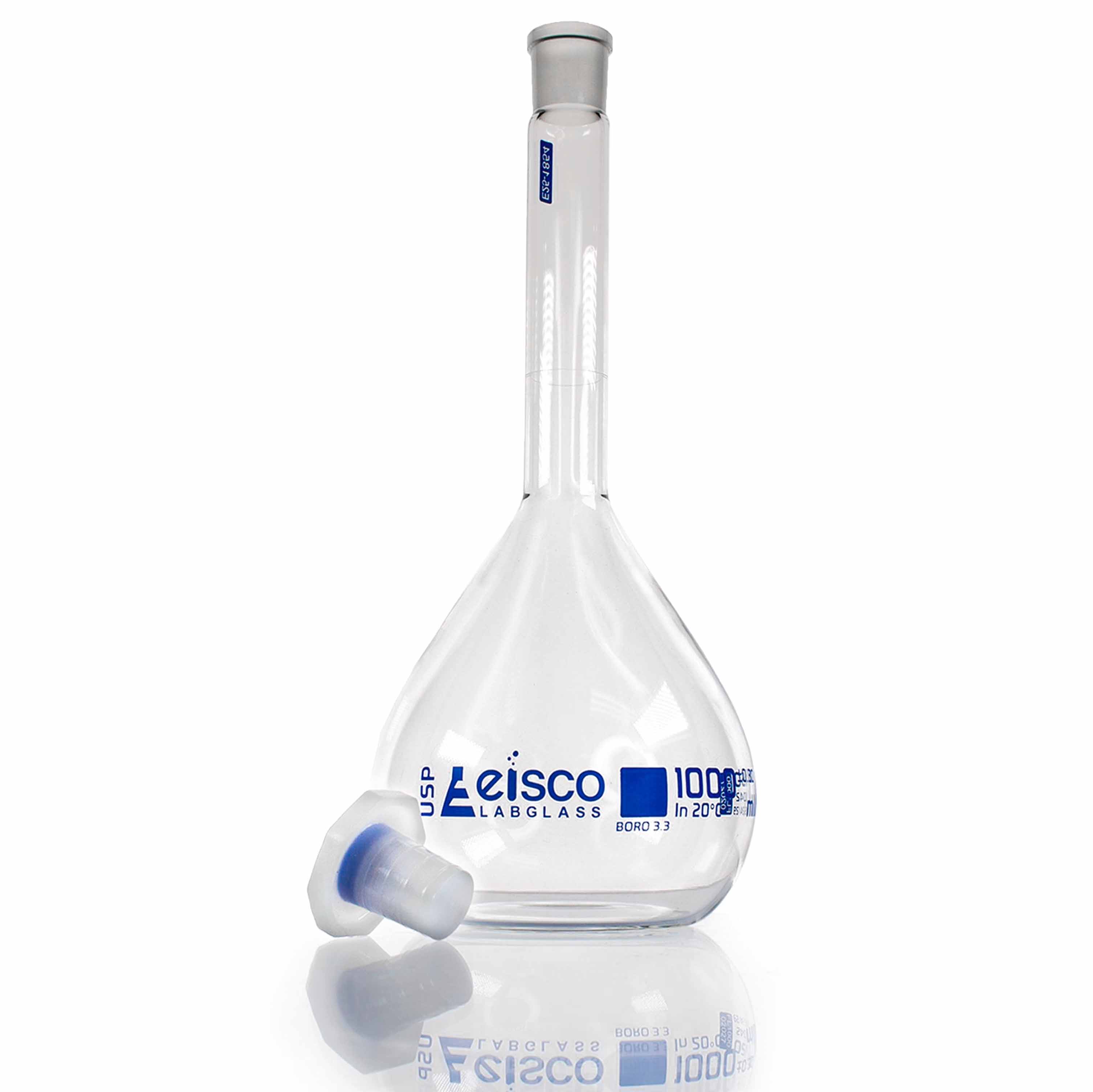 Borosilicate Glass Volumetric Flask with Solid Glass Stopper, 1000 ml, USP Class A with Individual Work Certificate,  Pack of 2, Autoclavable
