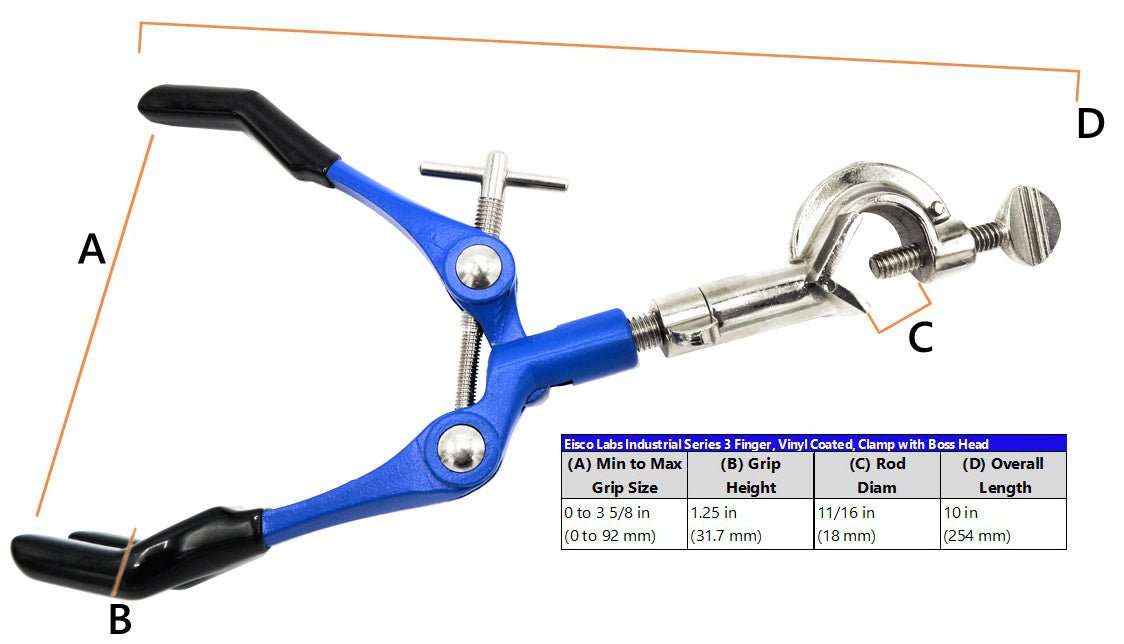 3 Finger, Vinyl Coated Extension Lab Clamp with Boss Head, 3.625" (9.2 cm) maximum clamp opening