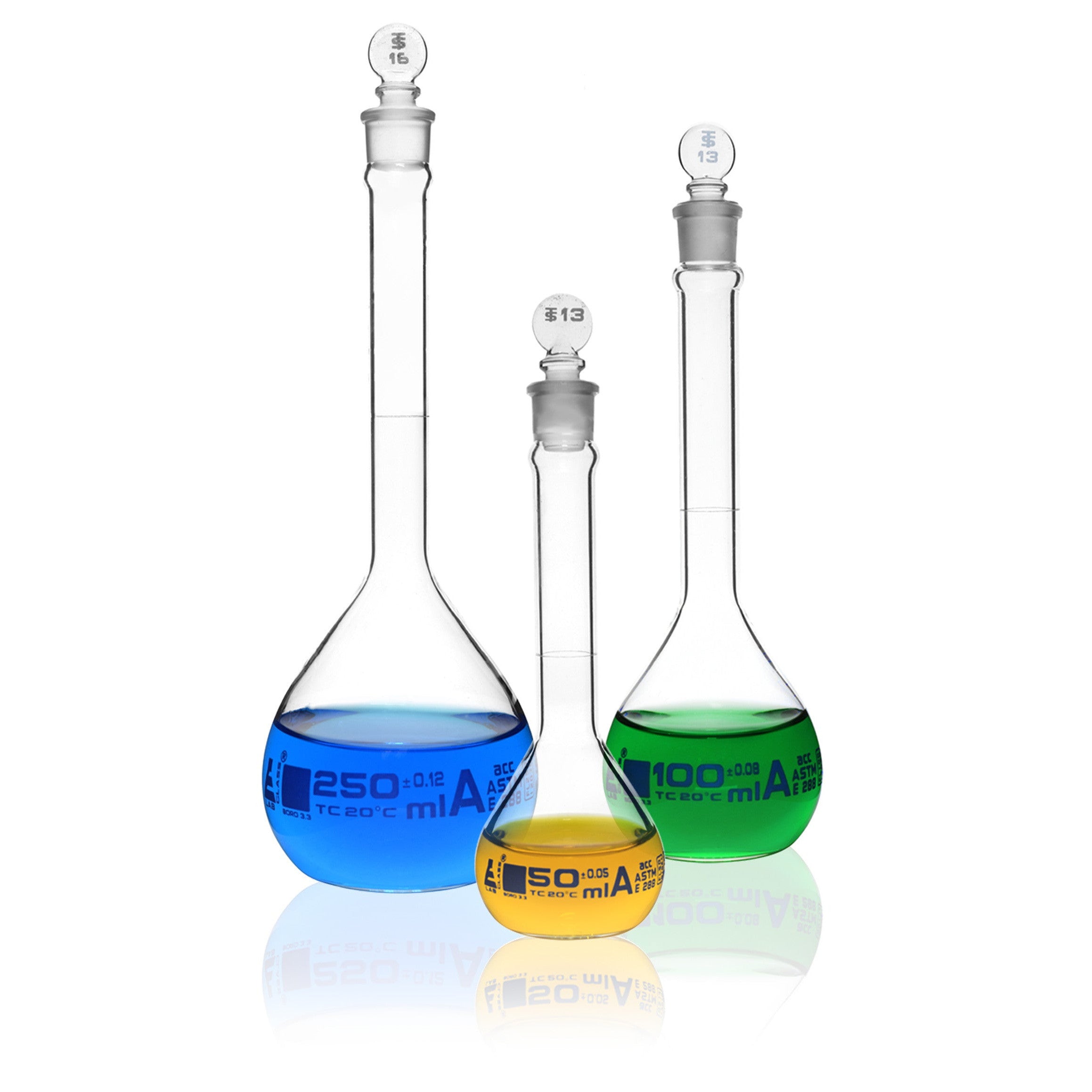 Borosilicate Glass Safety Pack Volumetric Flask Set with Glass Stoppers (50 ml, 100 ml, 250 ml), Class A, ASTM, Autoclavable