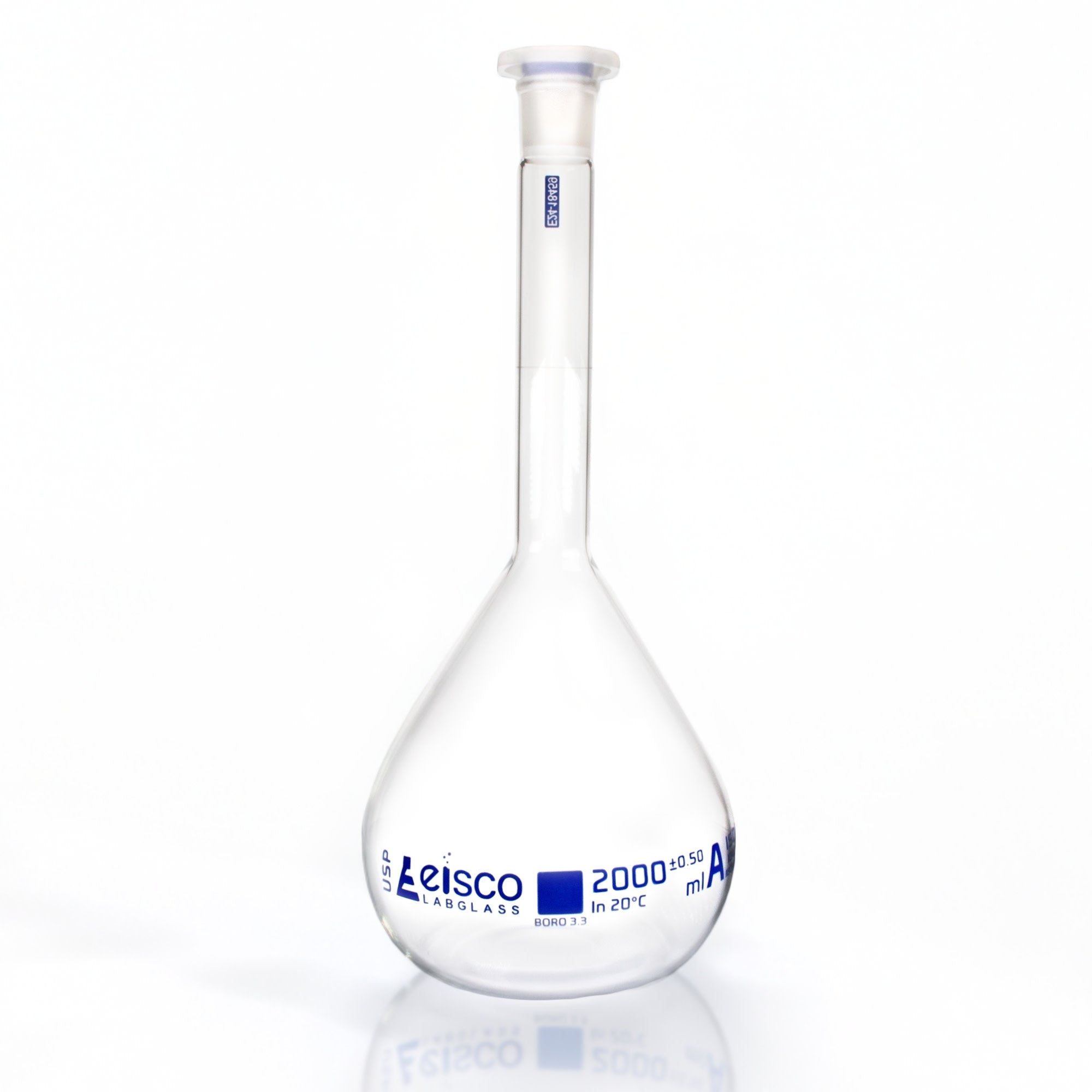 Borosilicate Glass Volumetric Flask with Solid Glass Stopper, 2000 ml, USP Class A with Individual Work Certificate, Autoclavable