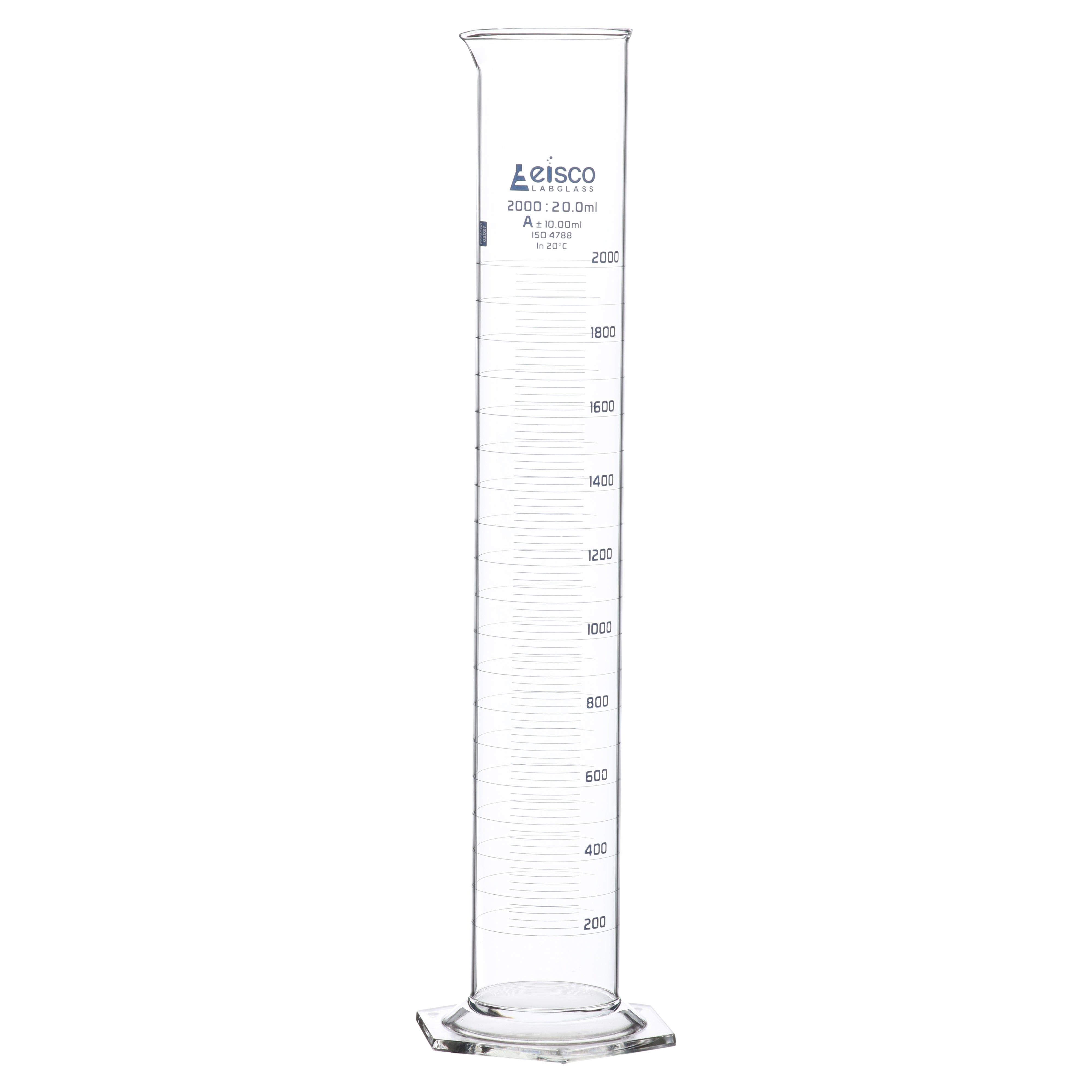 Borosilicate Glass Graduated Cylinder, 2000 ml, 20 ml Graduation, Class A, Autoclavable