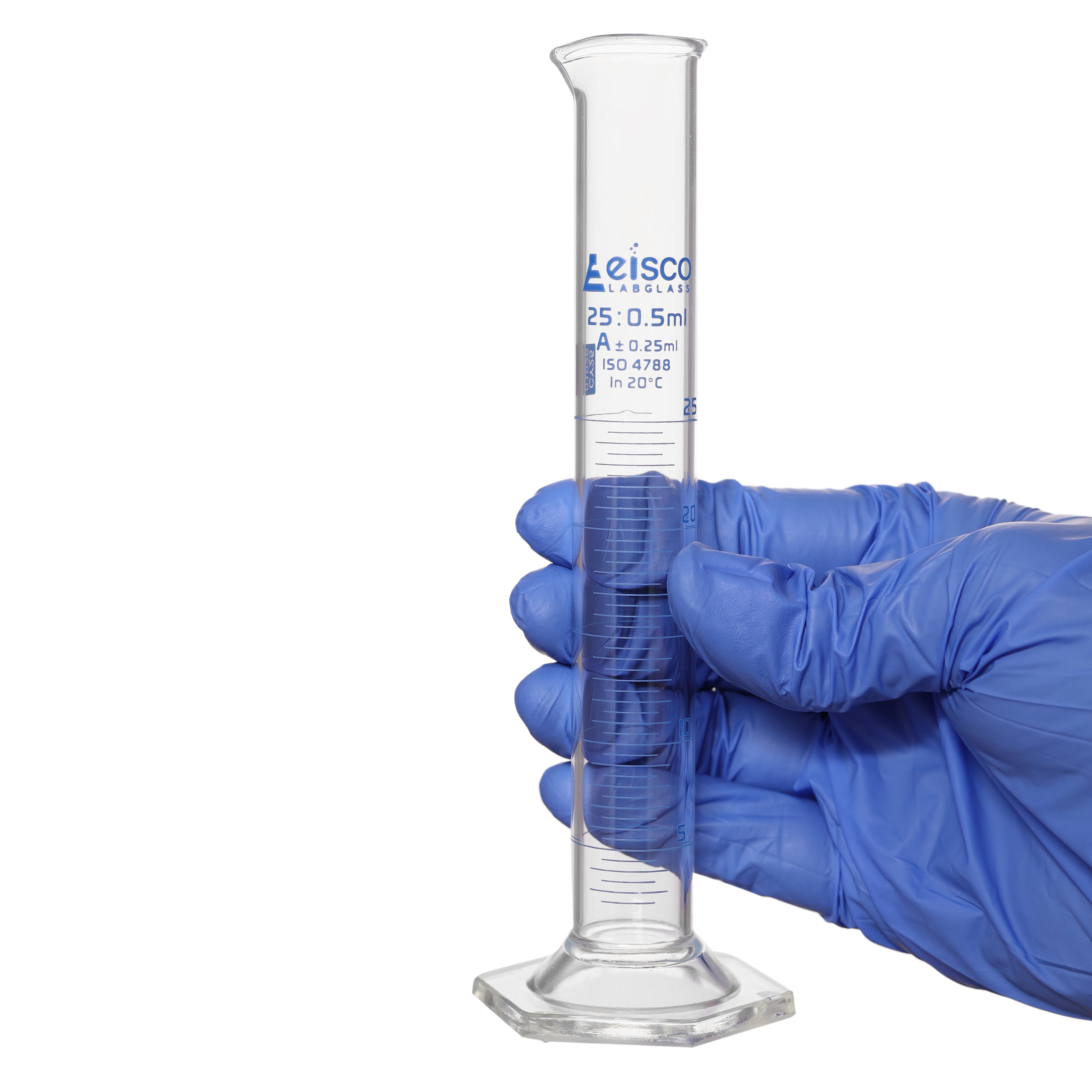 Borosilicate Glass Graduated Cylinder, 25 ml, 0.5 ml Graduation, Class A, Autoclavable