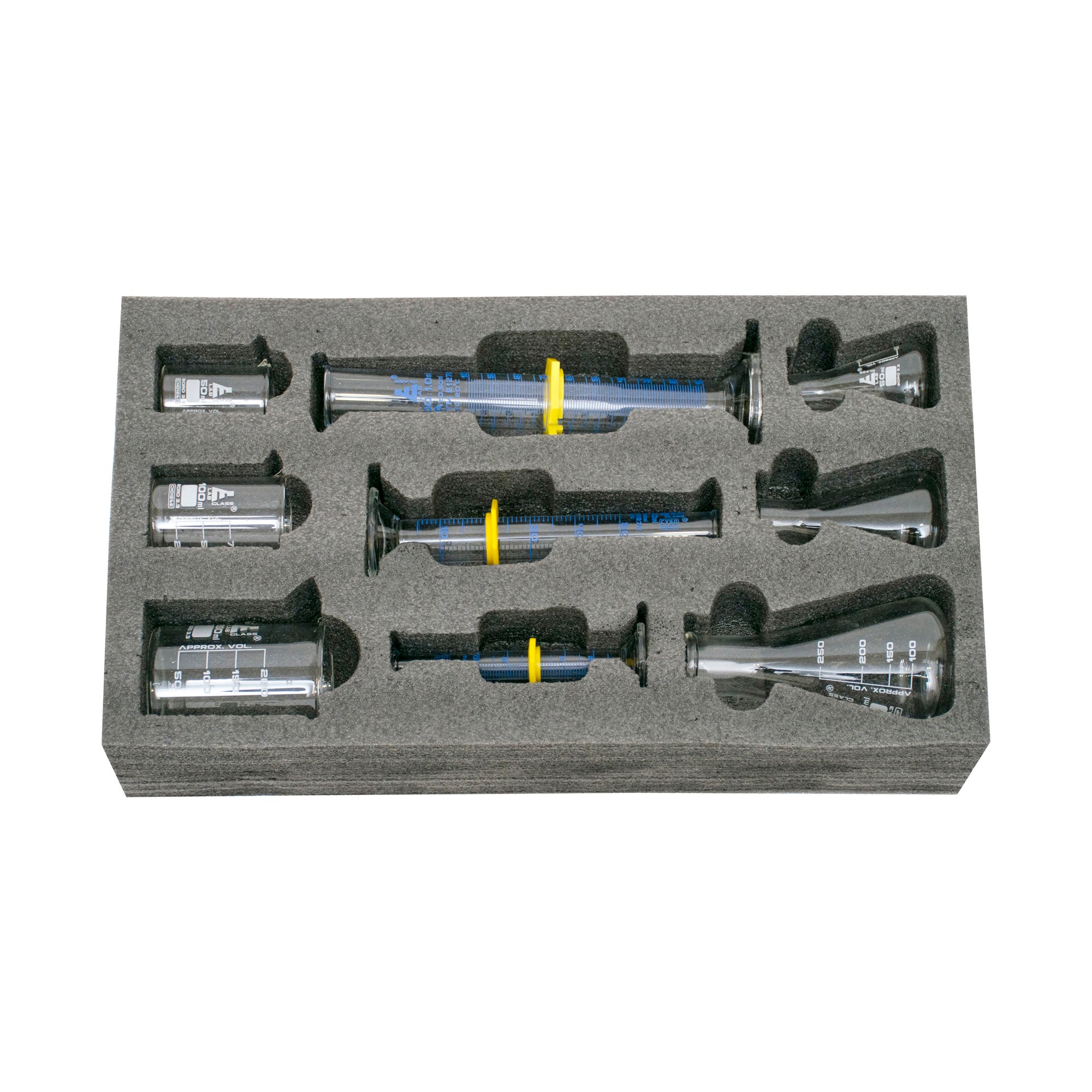 Borosilicate Glass Safety Pack Glassware Set, Includes 3 Beakers, 3 Conical Flasks & 3 ASTM, Class A Graduated Cylinders