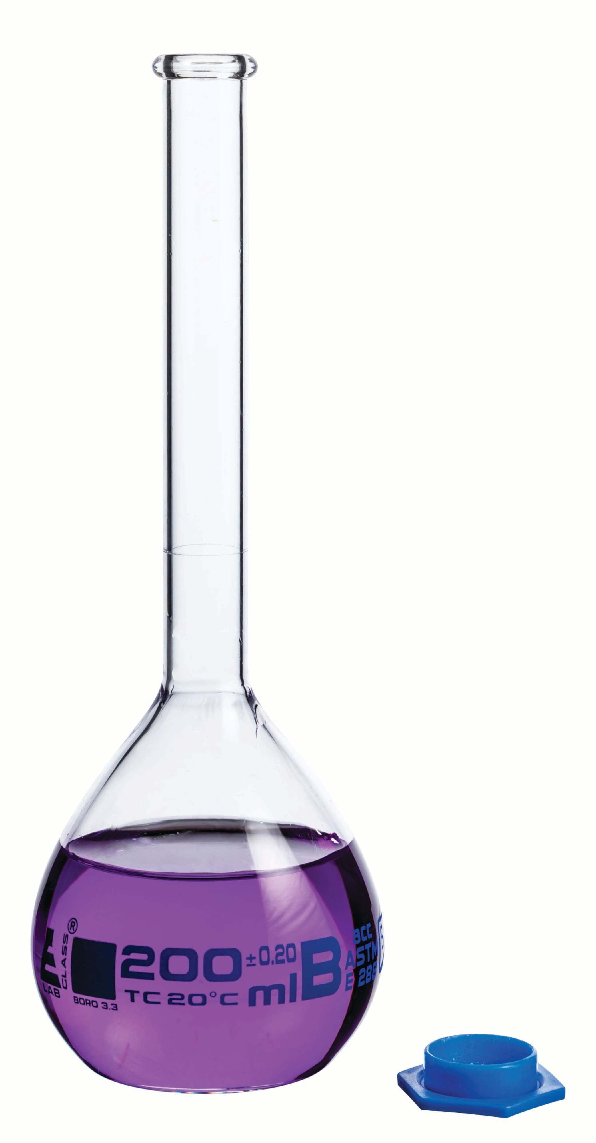 Borosilicate Volumetric Flask with Polyethylene Snap Cap, 200 ml, Class B, Blue Print, ASTM, Autoclavable