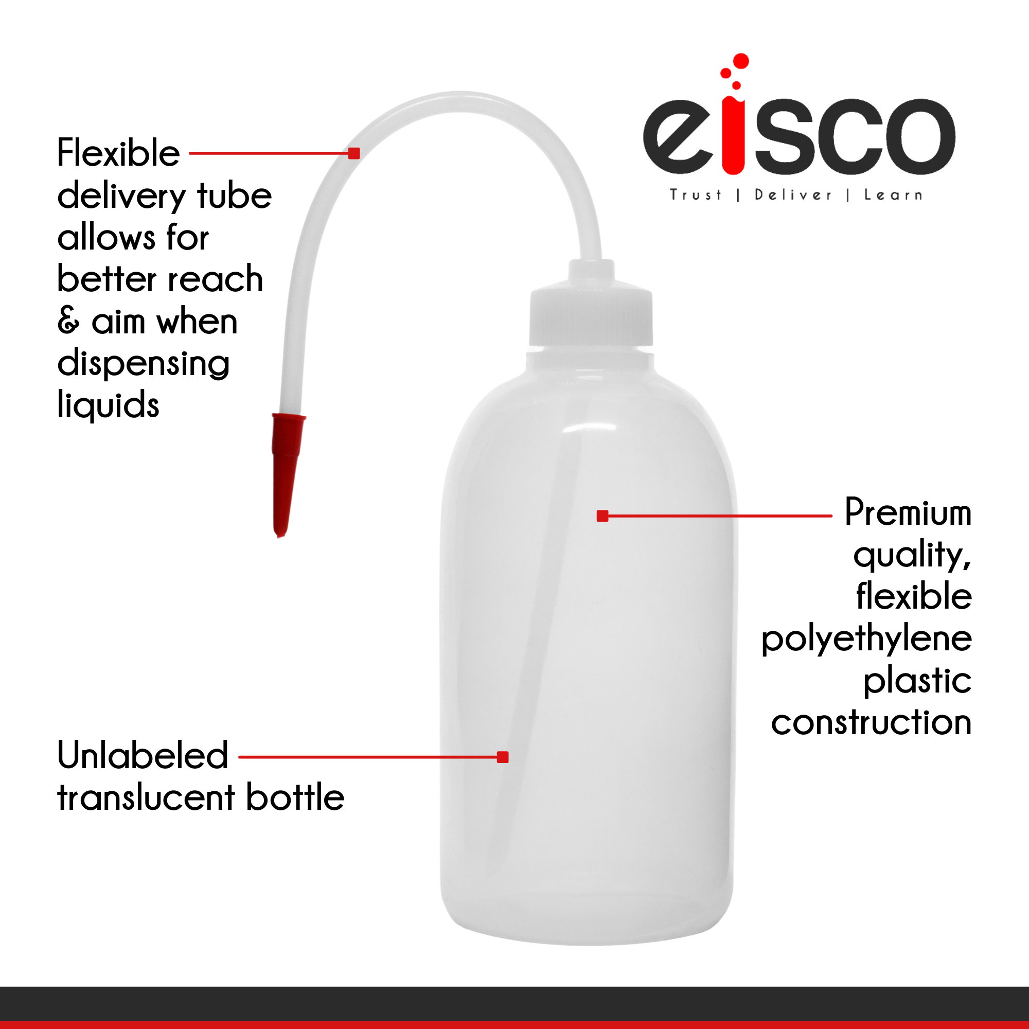 Low Density Polyethylene (LDPE) Wash Bottle, 500 ml, Flexible Delivery Tube