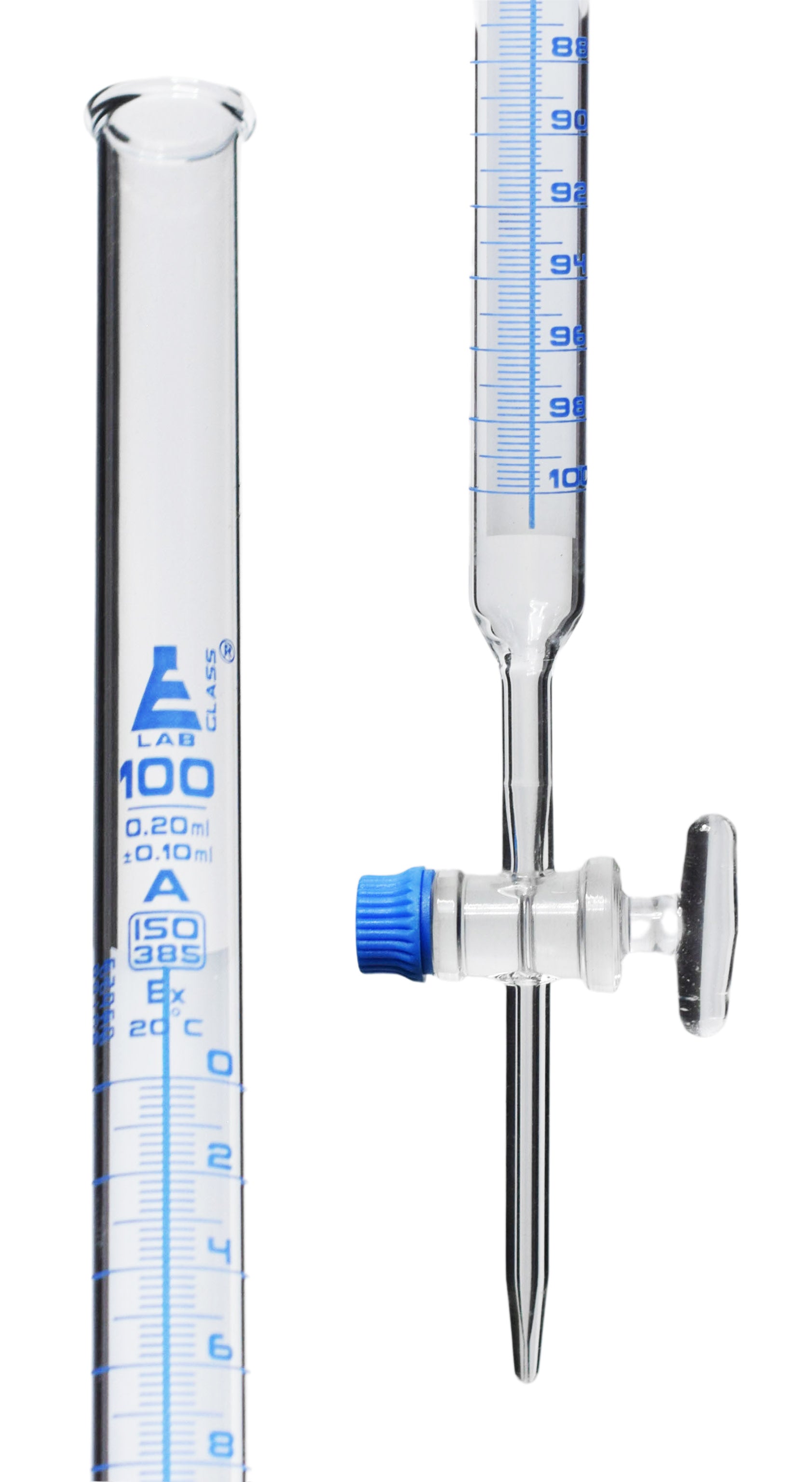 Schellbach Glass ASTM Graduated Burette with Glass Key Stopcock, 100 ml, 0.20 ml Graduation, Class A