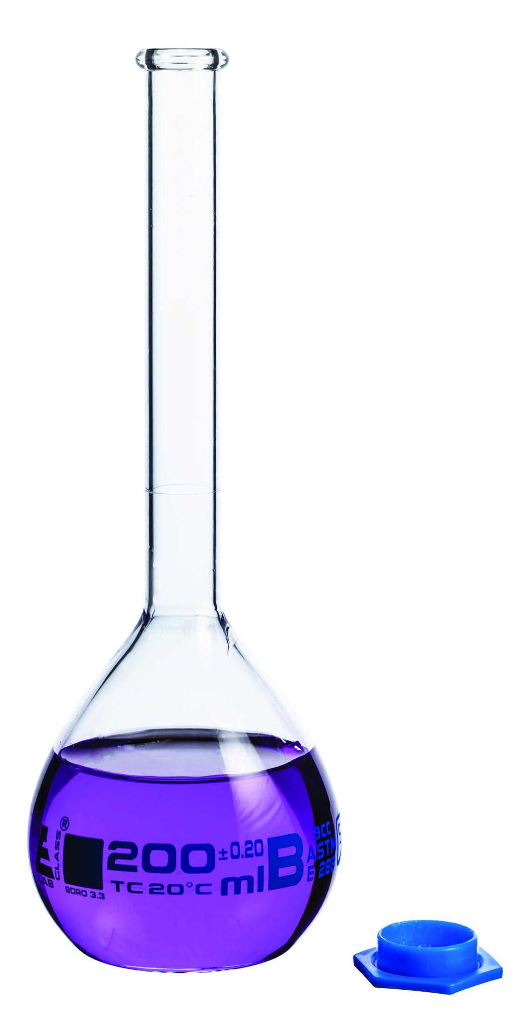 Borosilicate Volumetric Flask with Polyethylene Snap Cap, 2000 ml, Class B, Blue Print, ASTM, Autoclavable