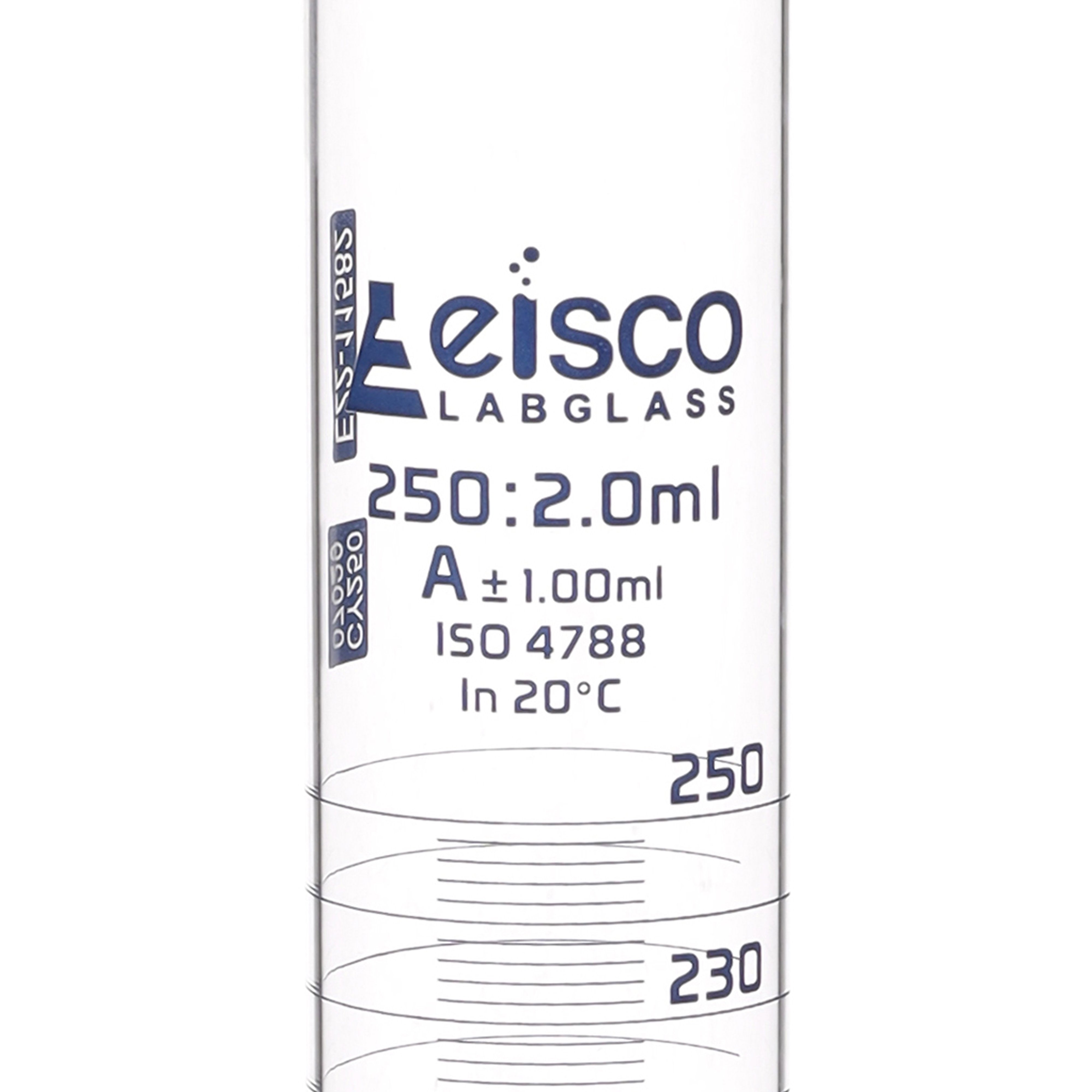 Borosilicate Glass Graduated Cylinder, 250 ml, 2.0 ml Graduation, Class A, Autoclavable