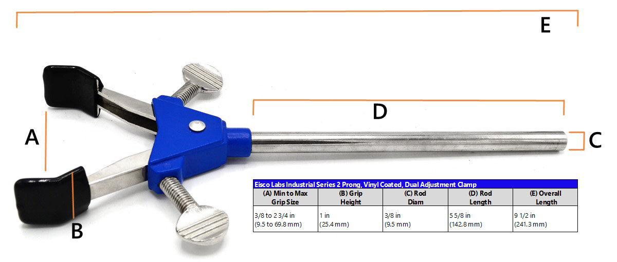 2 Prong, Vinyl Coated, Dual Adjustment Lab Clamp on Rod,  2.75" (7 cm) Maximum Clamp Opening