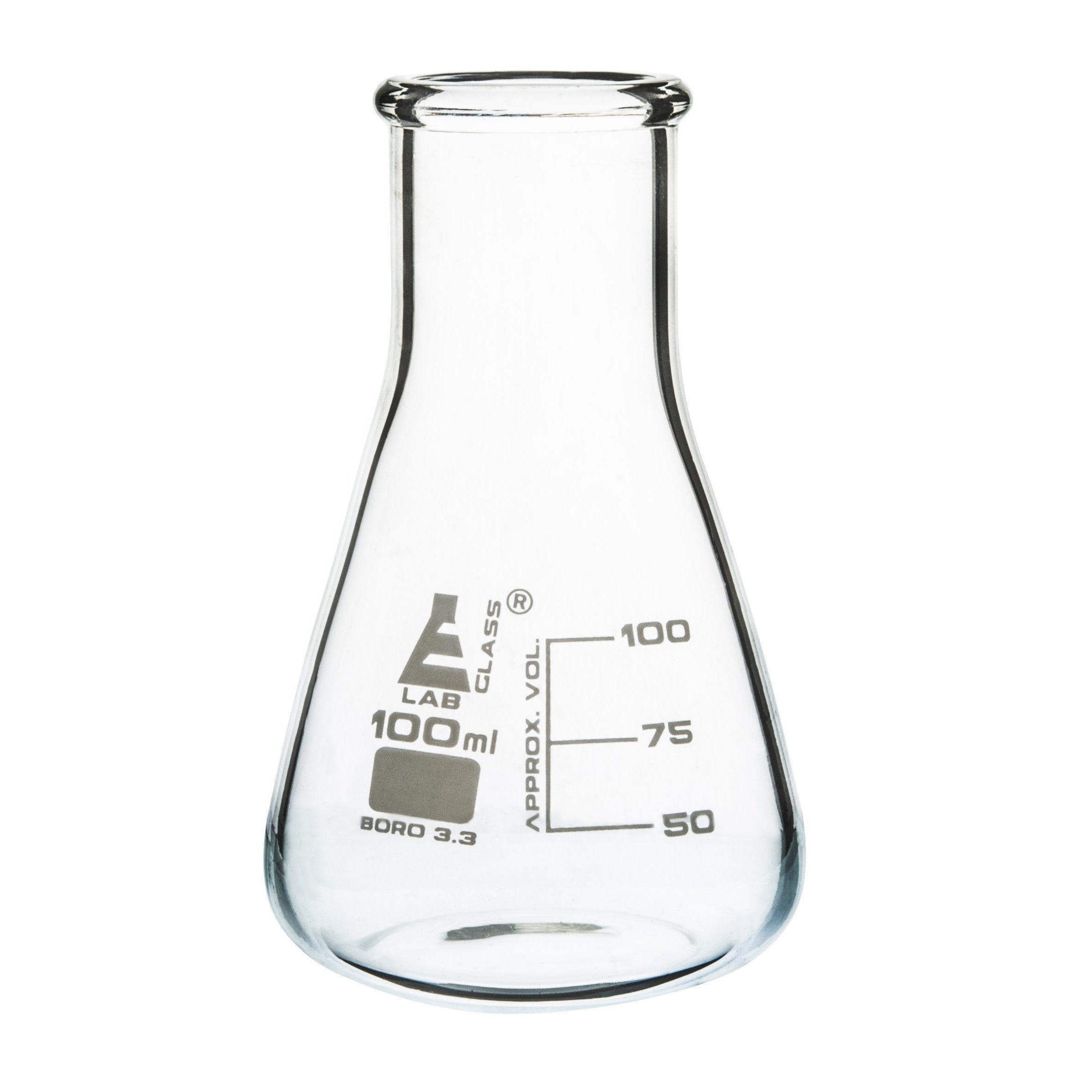 Borosilicate Glass Wide Neck Erlenmeyer Flask, 100 ml, Pack of 12, Autoclavable