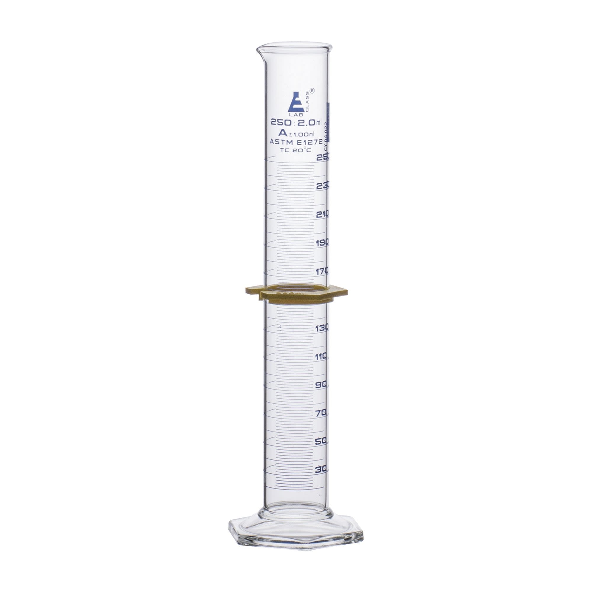 Borosilicate Glass ASTM Graduated Cylinder with Hexagonal Base and Guard, 250 ml, Class A with USP & Individual Work Certificate, Autoclavable