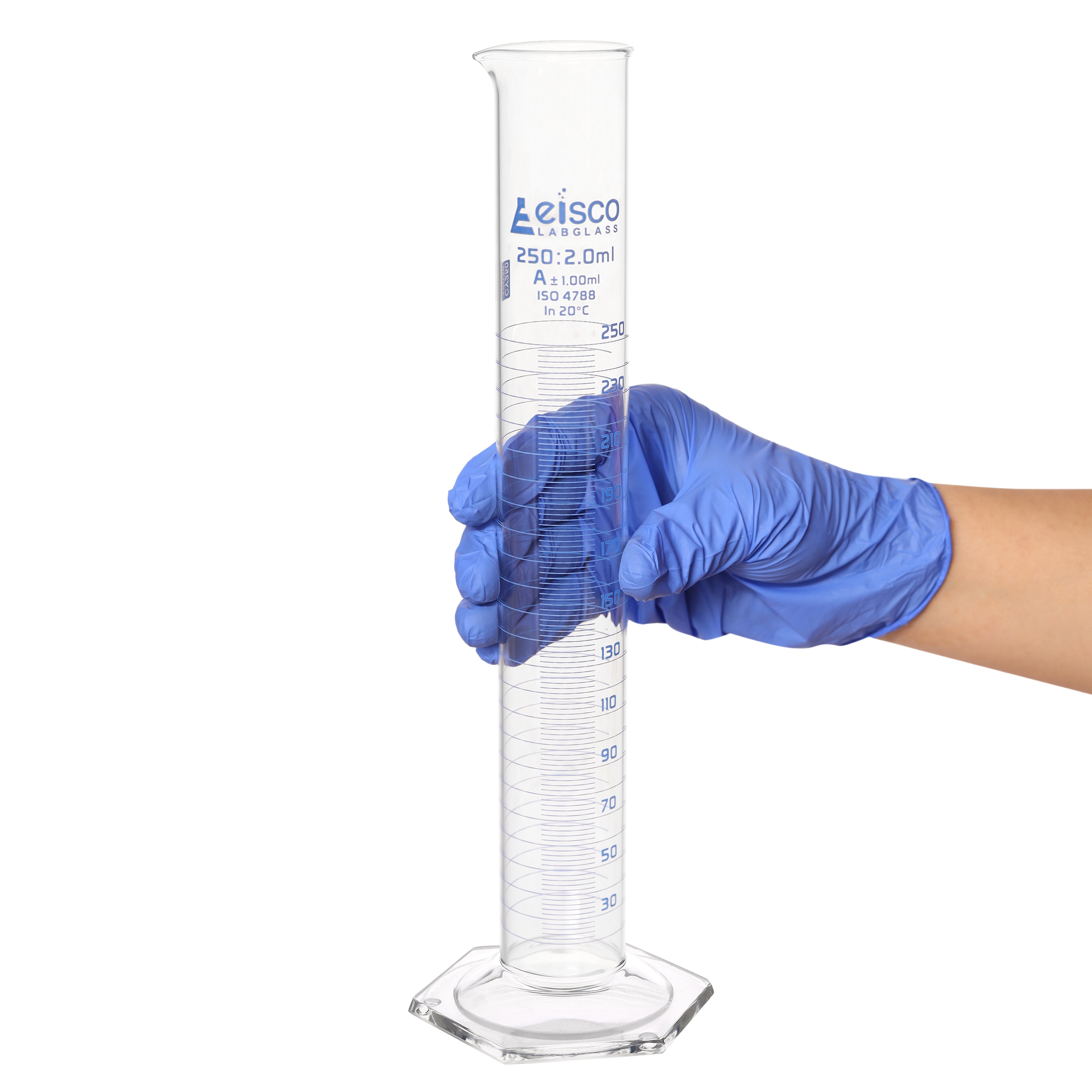Borosilicate Glass Graduated Cylinder, 250 ml, 2.0 ml Graduation, Class A, Autoclavable