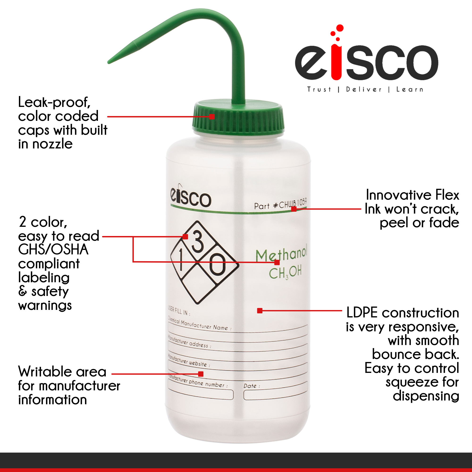 Performance Plastic Wash Bottle, Methanol, 500 ml - Labeled (2 Color)