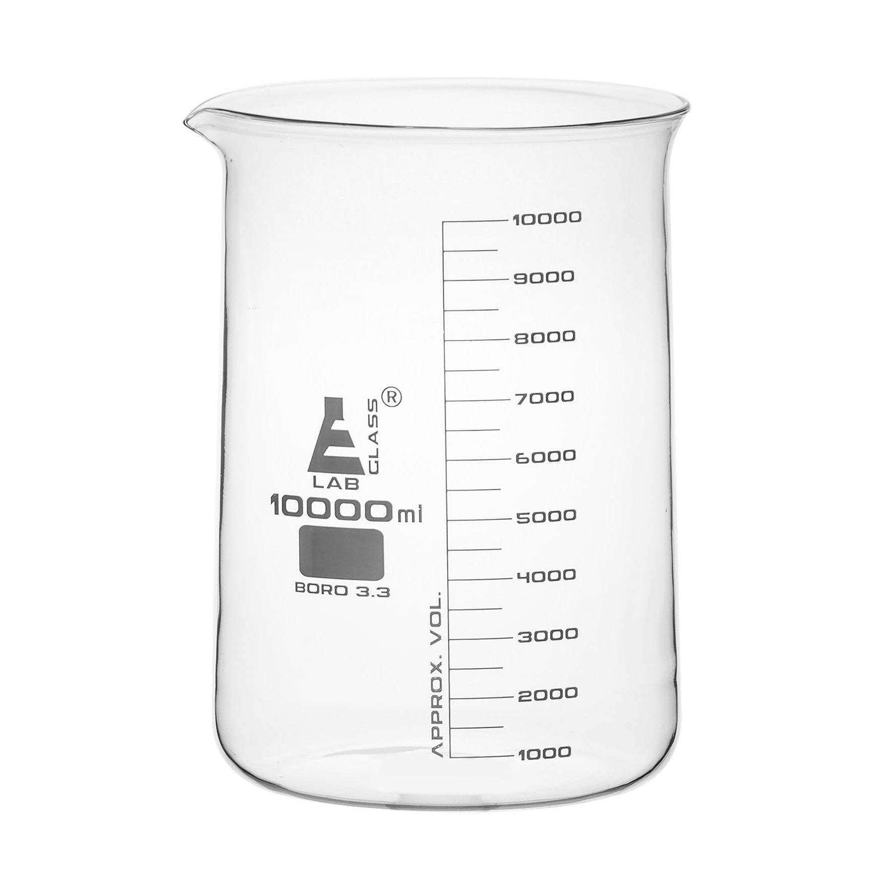 Borosilicate Low Form Beaker, 10,000ml, 500ml Graduation, Autoclavable