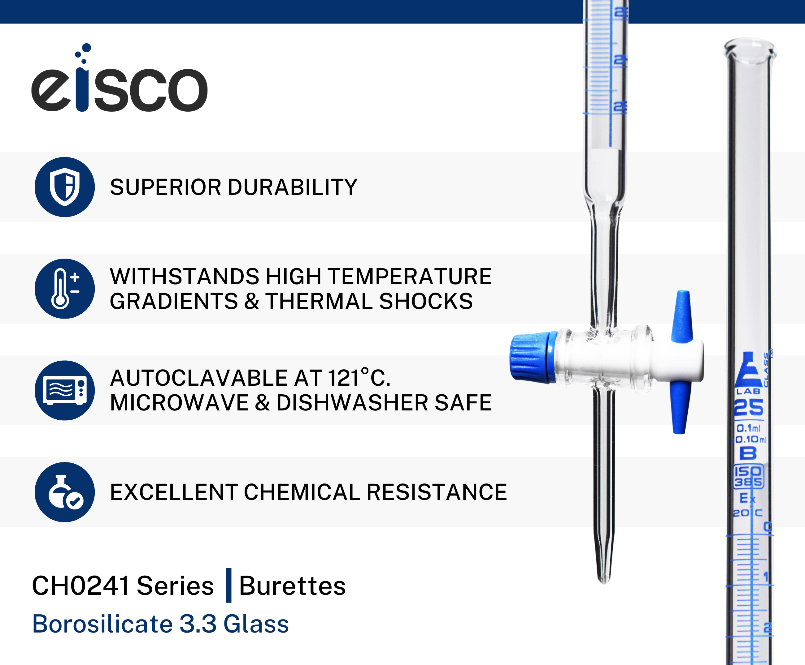 Schellbach Glass ASTM Graduated Burette with PTFE Stopcock, 25 ml, 0.10 ml Graduation, Class B