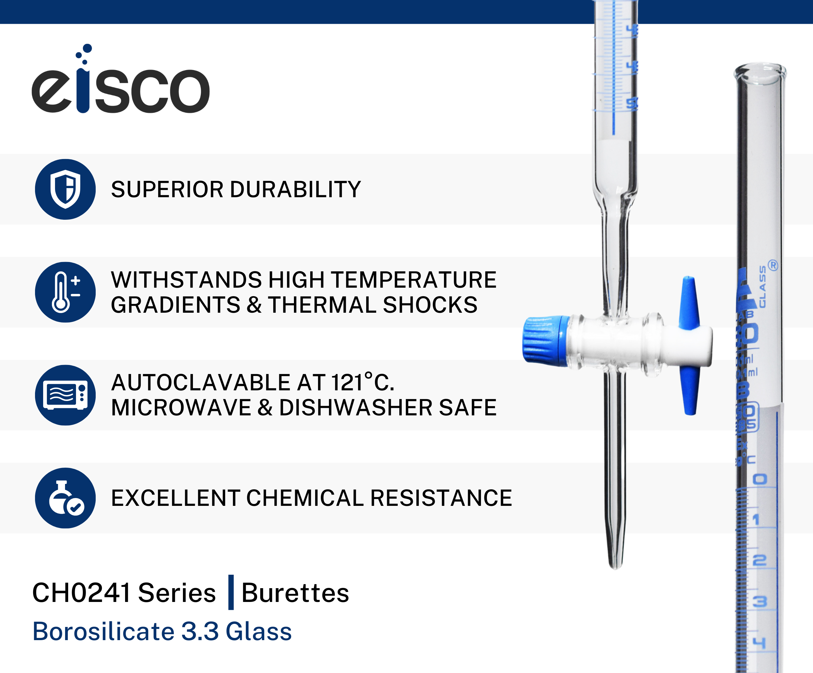 Schellbach Glass ASTM Graduated Burette with PTFE Stopcock, 50 ml, 0.10 ml Graduation, Class B