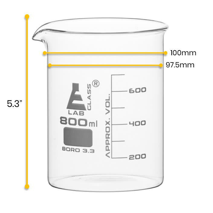 Borosilicate Low Form Beaker, 800ml, 100ml Graduation, Autoclavable