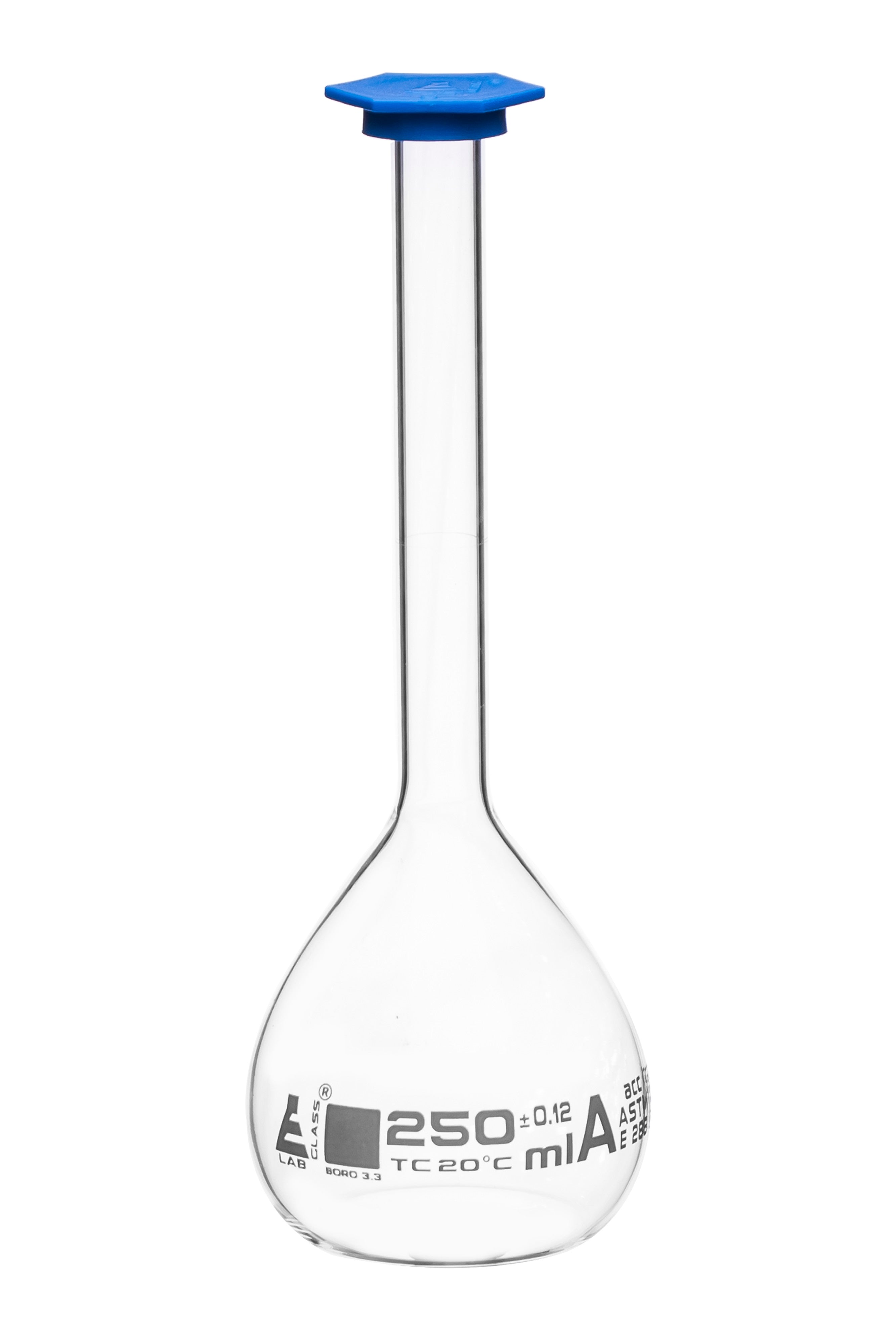 Borosilicate Volumetric Flask with Polyethylene Snap Cap, 250 ml, Class A, White Print, ASTM, Autoclavable
