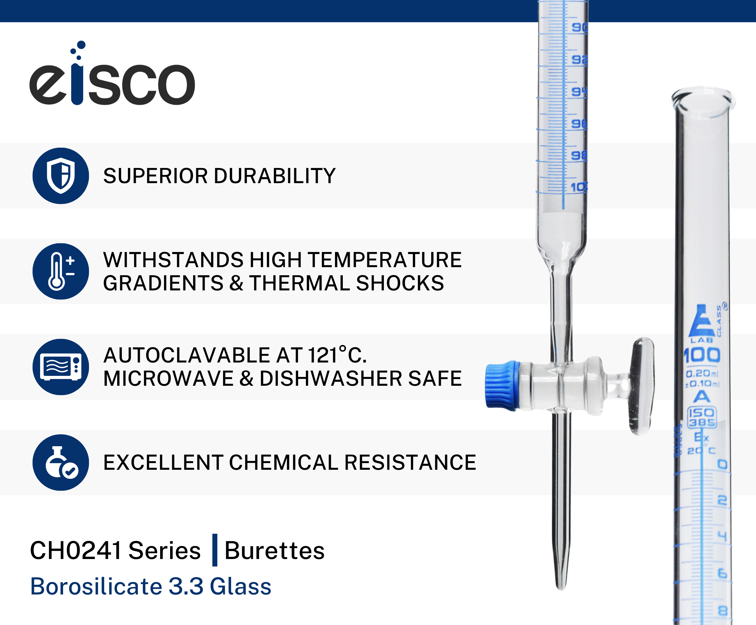 Schellbach Glass ASTM Graduated Burette with Glass Key Stopcock, 100 ml, 0.20 ml Graduation, Class A