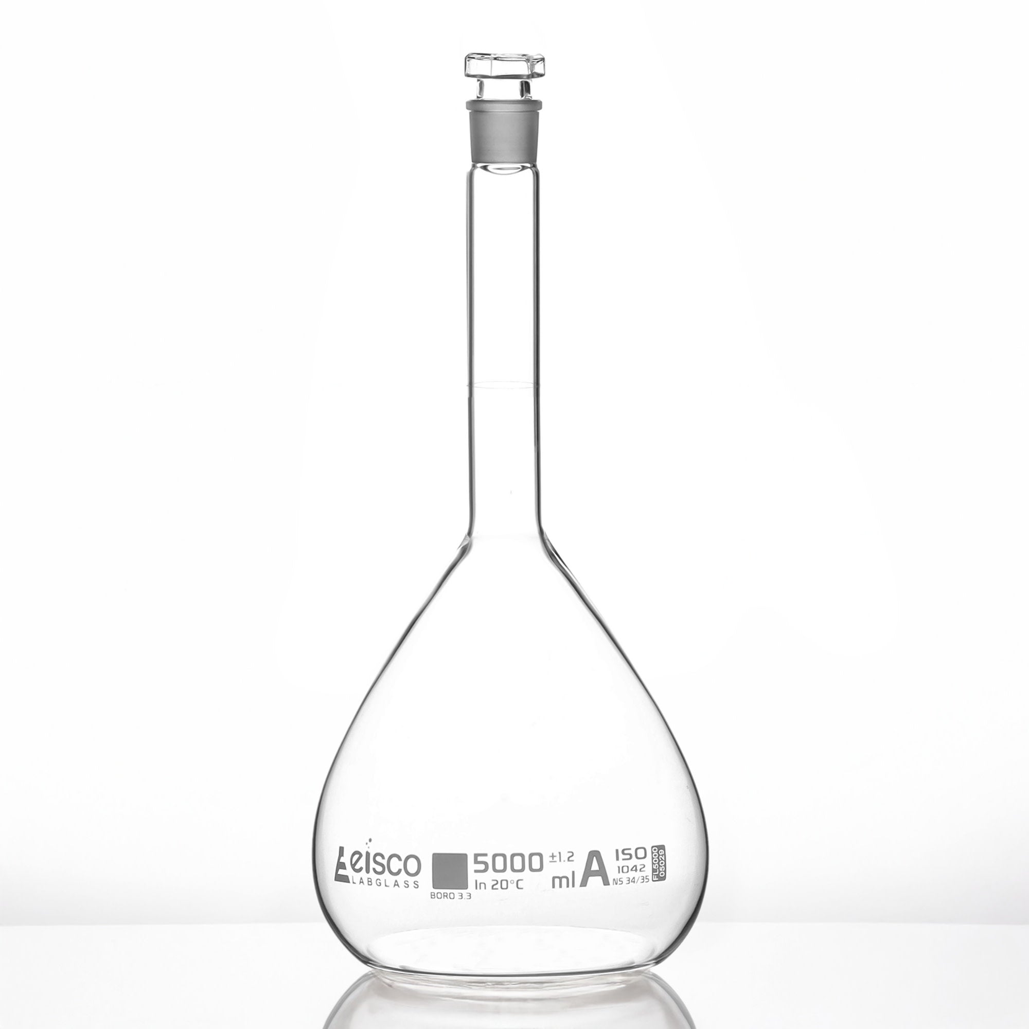 Borosilicate Volumetric Flask with Hollow Glass Stopper, 5000ml, Class A, White Print, Autoclavable