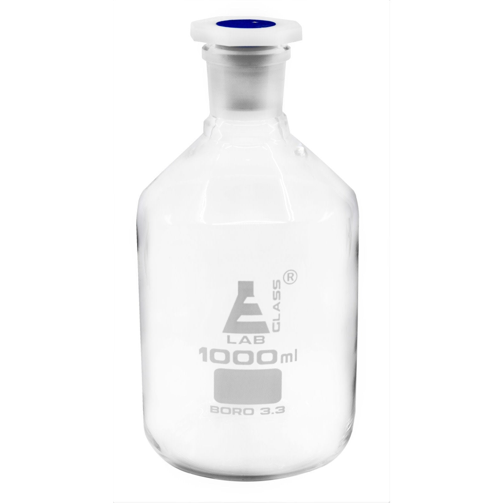 Clear Borosilicate Glass Reagent Bottle with Polyethylene Stopper, 1000 ml, Narrow Mouth, Autoclavable