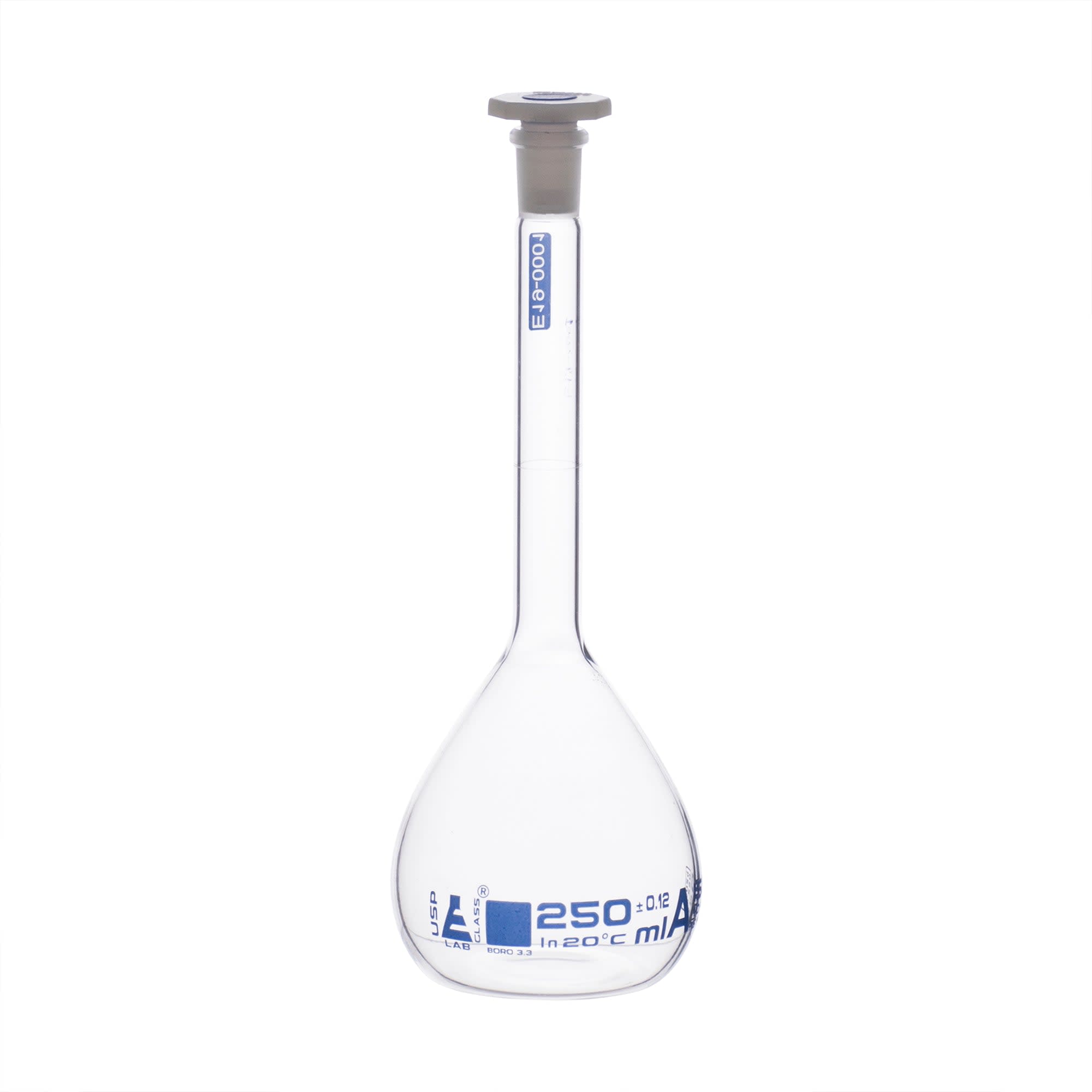 Borosilicate Glass Volumetric Flask with Solid Glass Stopper, 250 ml, USP Class A with Individual Work Certificate,  Pack of 2, Autoclavable