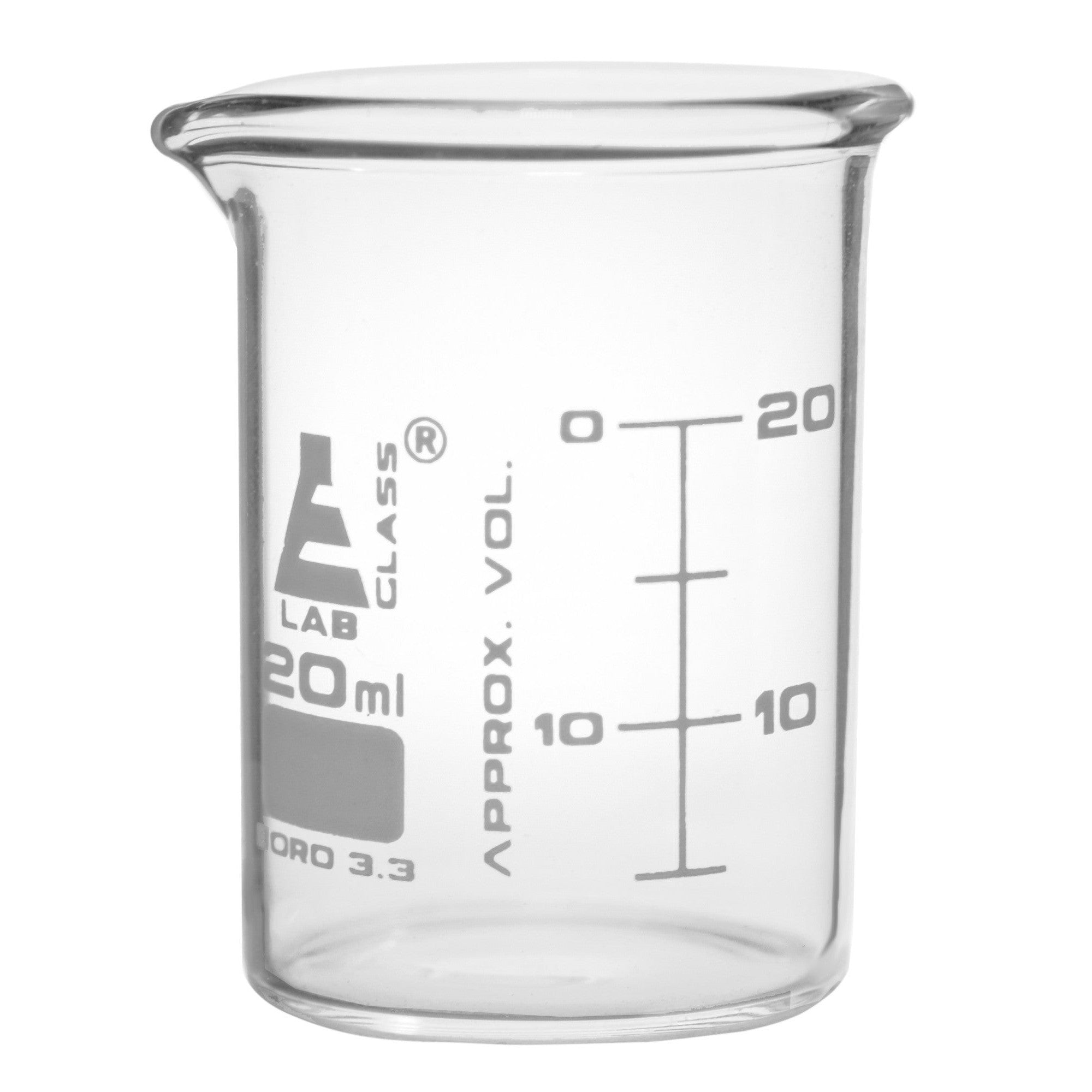 Borosilicate ASTM Low Form Beaker, 20ml, 5ml Graduation, Autoclavable