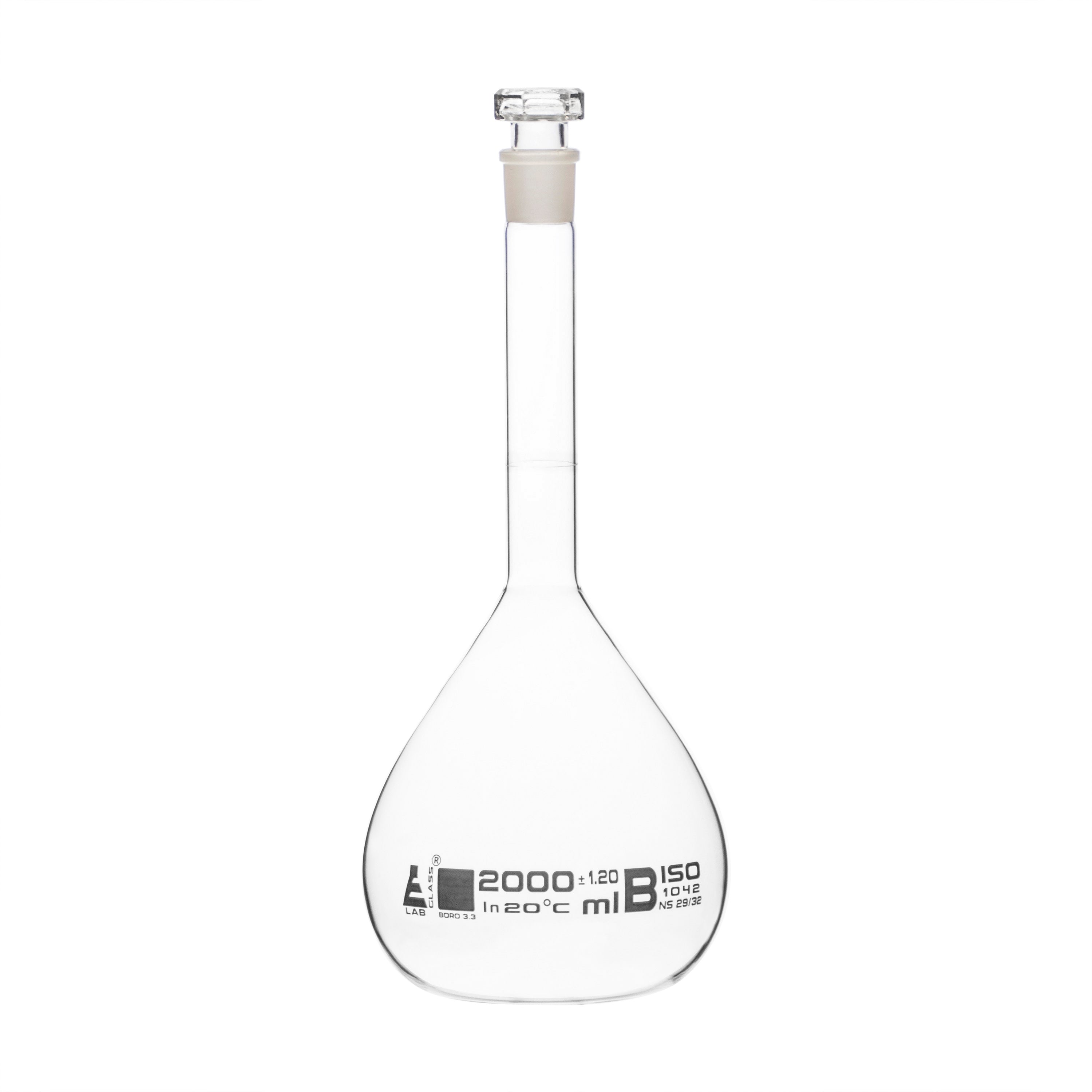 Volumetric Flask, 2000ml - Class B - Hexagonal, Hollow Glass Stopper - Single, White Graduation - Eisco Labs