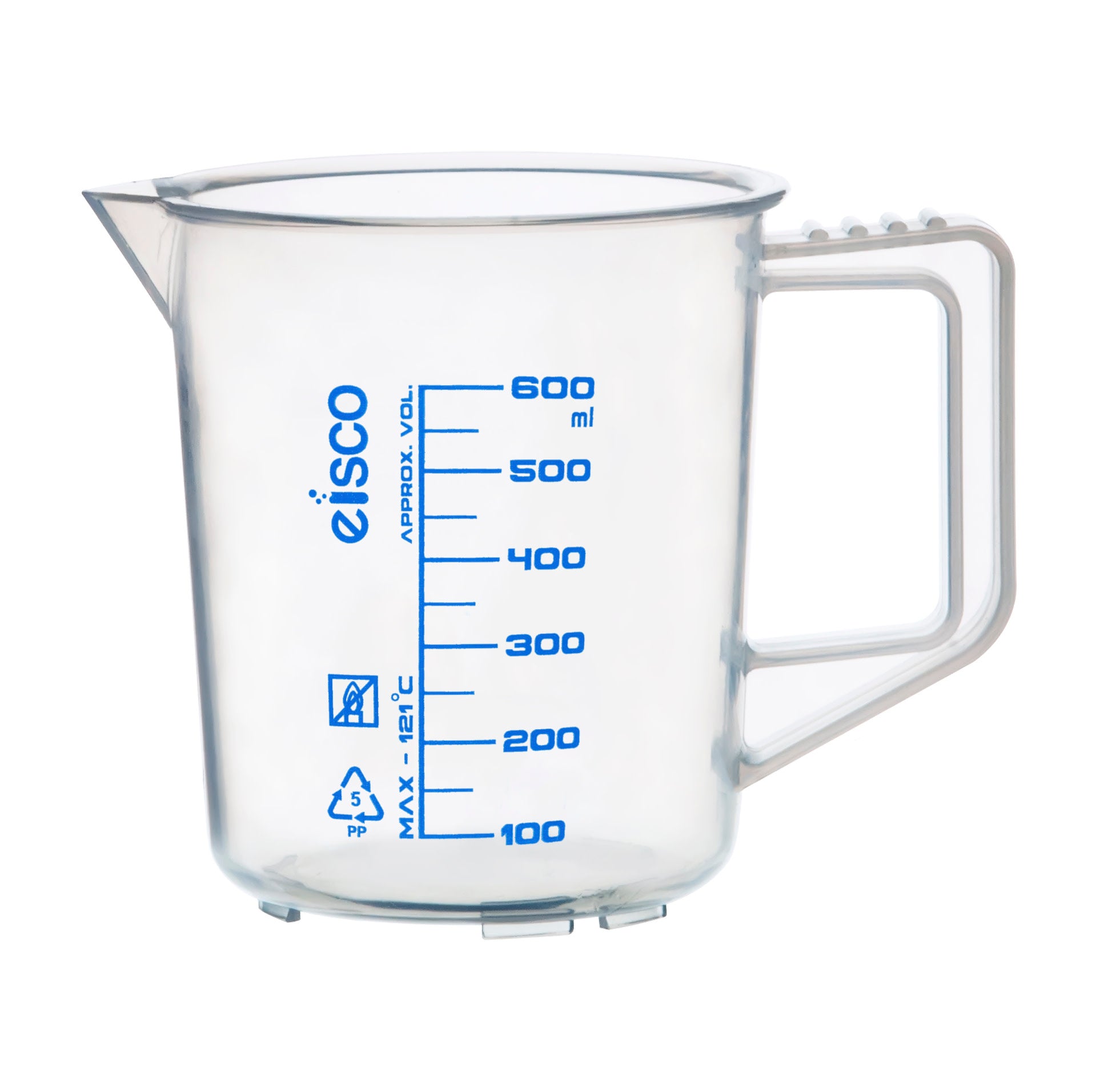 Polypropylene Measuring Jug with Handle and Spout, Short Form, 600 ml, 50 ml Graduation, Autoclavable