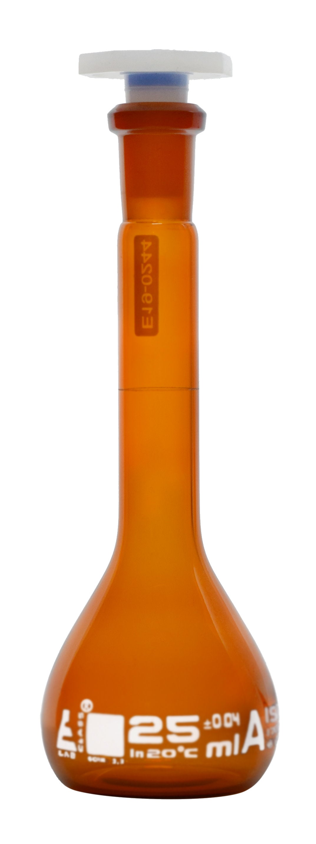 Amber Borosilicate Glass Volumetric Flask with Polypropylene Stopper, 25 ml, Class A with Individual Work Certificate, Pack of 2,  Autoclavable