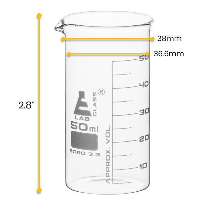 Borosilicate Tall Form Beaker, 50ml, 5ml Graduation, Autoclavable