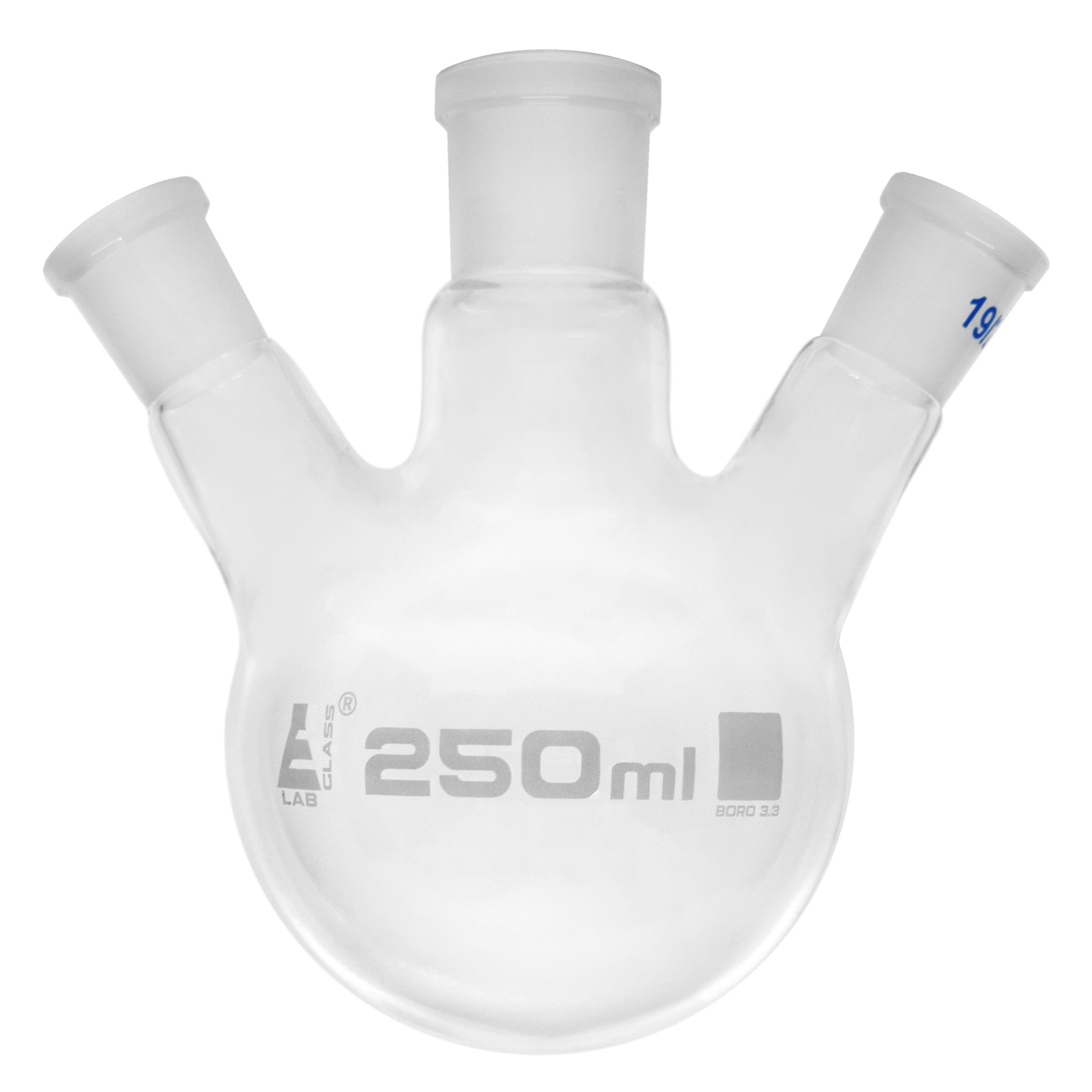 Borosilicate Glass 3 Neck Distillation Flask, 250ml, 24/29 Oblique Neck, 19/26 Side Joint, Autoclavable