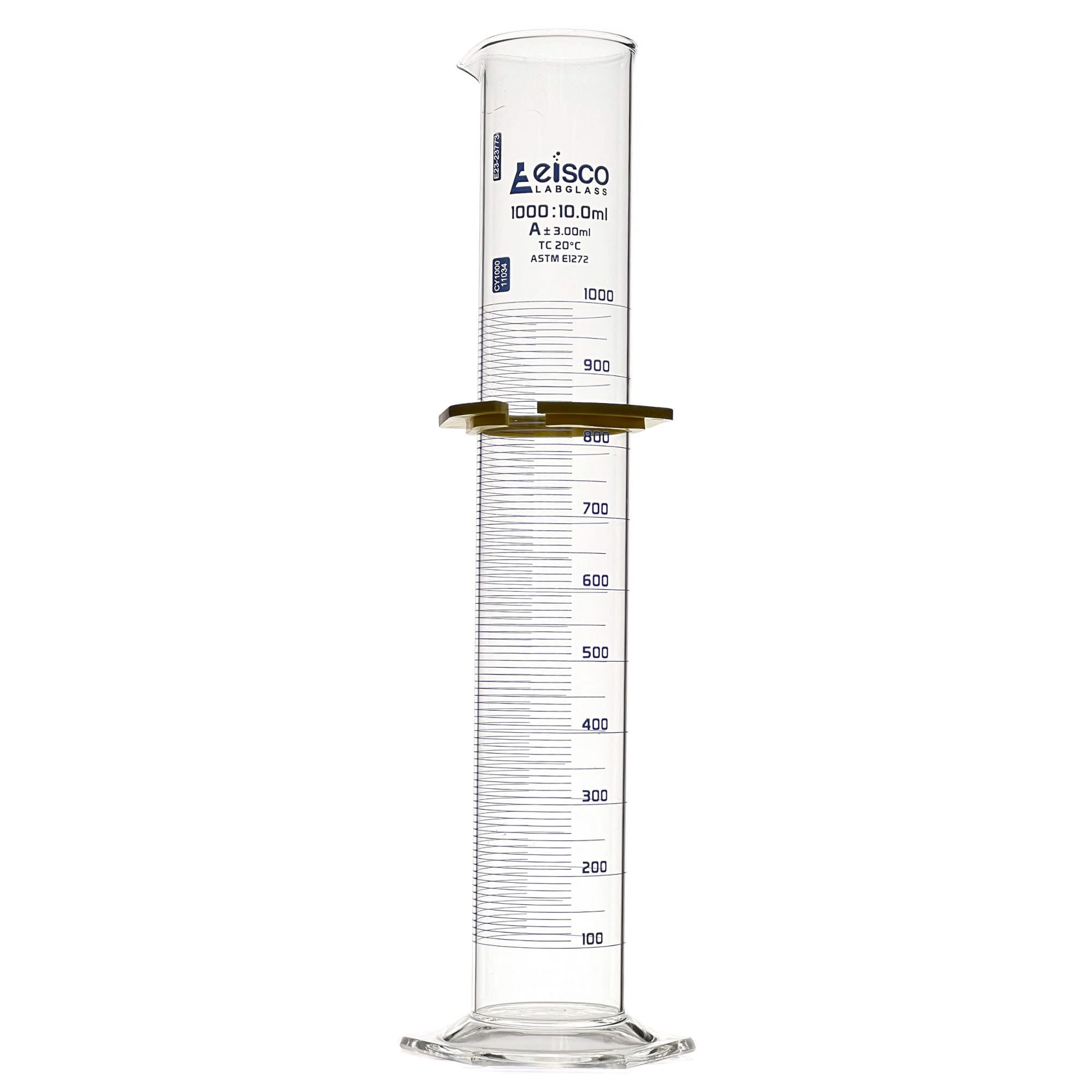 Borosilicate Glass ASTM Graduated Cylinder with Hexagonal Base and Guard, 1000 ml, Class A with USP & Individual Work Certificate, Autoclavable