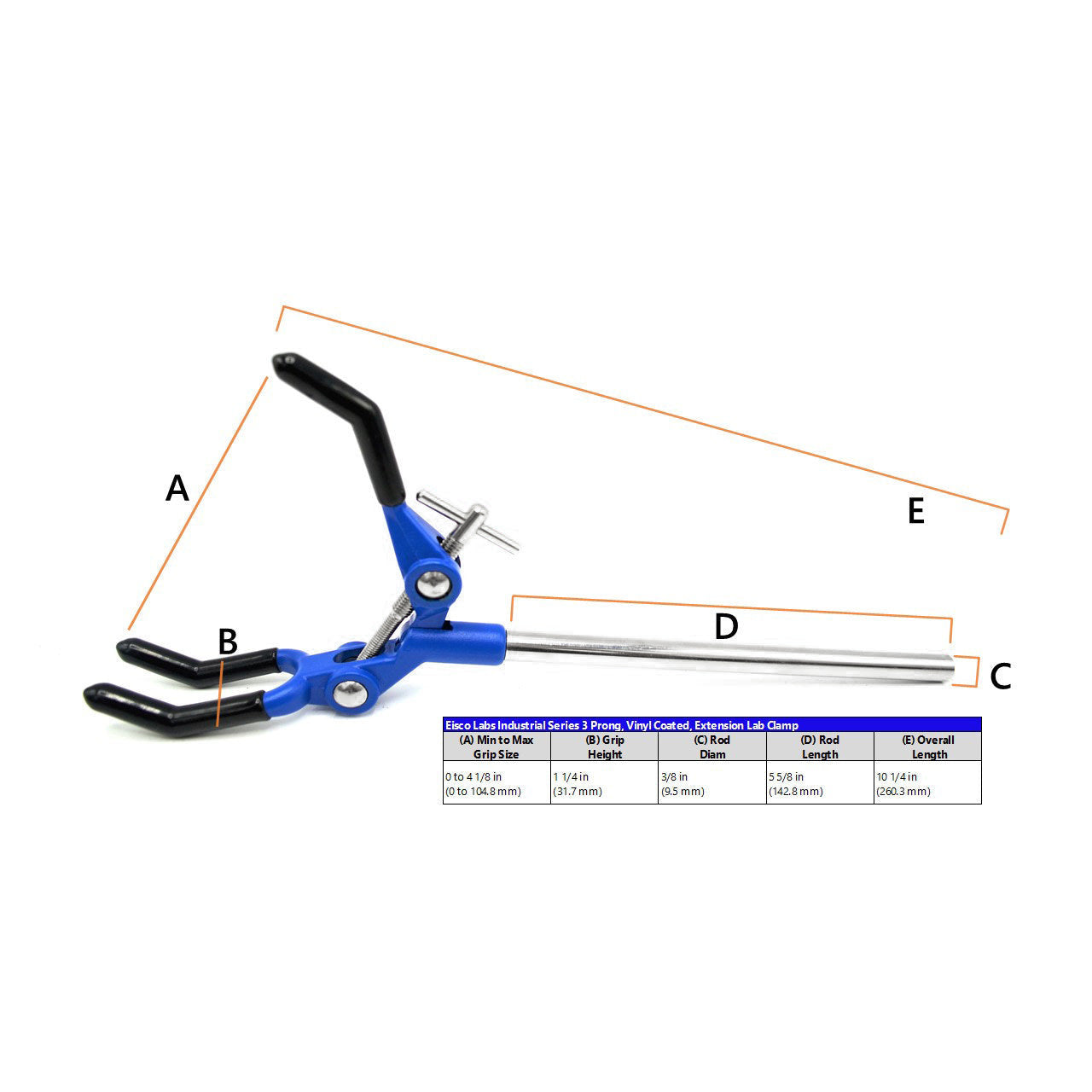 3 Finger, Vinyl Coated, Lab Clamp on Rod,  4.125" (10.5 cm) Maximum Clamp Opening