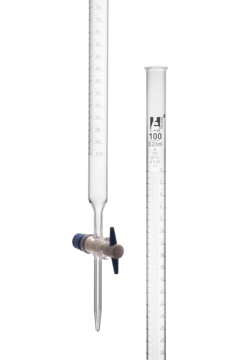 Borosilicate Glass ASTM Graduated Burette with PTFE Stopcock, 100 ml, 0.2 ml Graduation, Class B