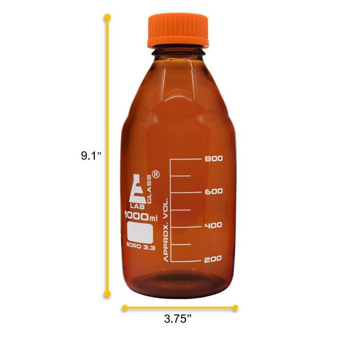Amber Borosilicate Glass Reagent Bottle with Screw Cap, 1000 ml with Graduations, Autoclavable