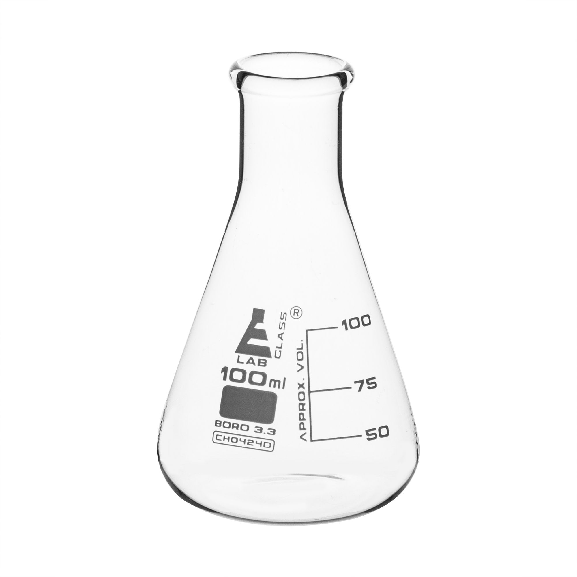 Borosilicate Glass Erlenmeyer Flask, 100 ml, 25 ml Graduations, Autoclavable